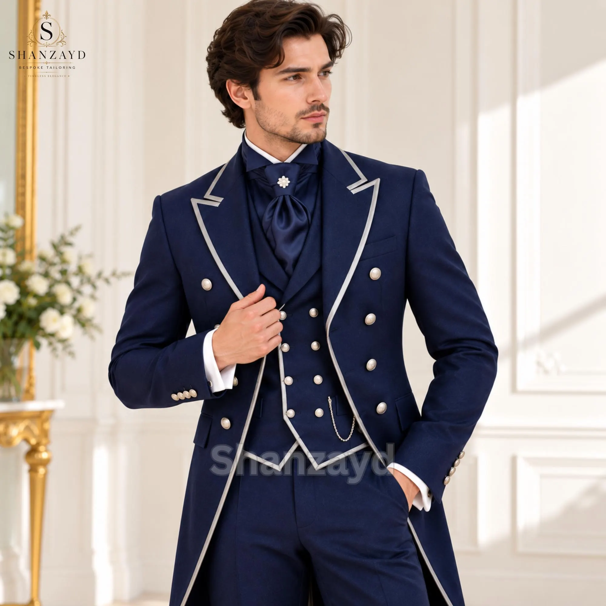 Men's Navy Victorian Suit, 3 Piece Frock Coat, Regency Tailcoat Suit, Gothic Wedding Suit, Custom Made Formal Outfit