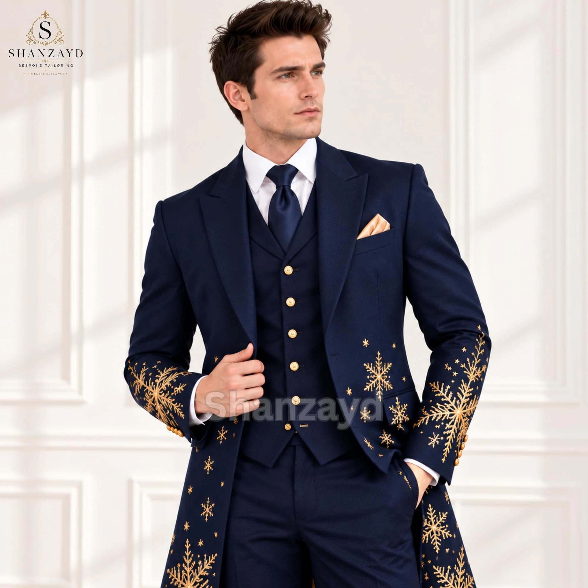 Mens Christmas Suit, Navy Blue Gold Snowflake Embroidered Tuxedo, Christmas Wedding Groom Suit, Holiday Party Formal Outfit
