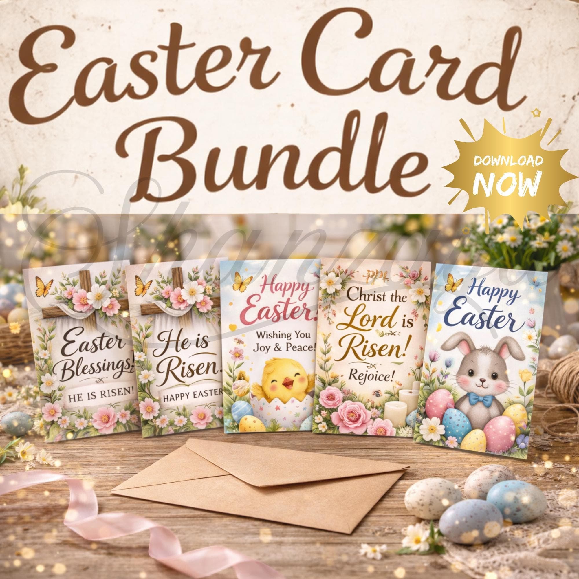 Easter Card Bundle 5x7 Printable Set of 5, Christian & Bunny Easter Cards, Instant Download Spring Greeting Card Pack