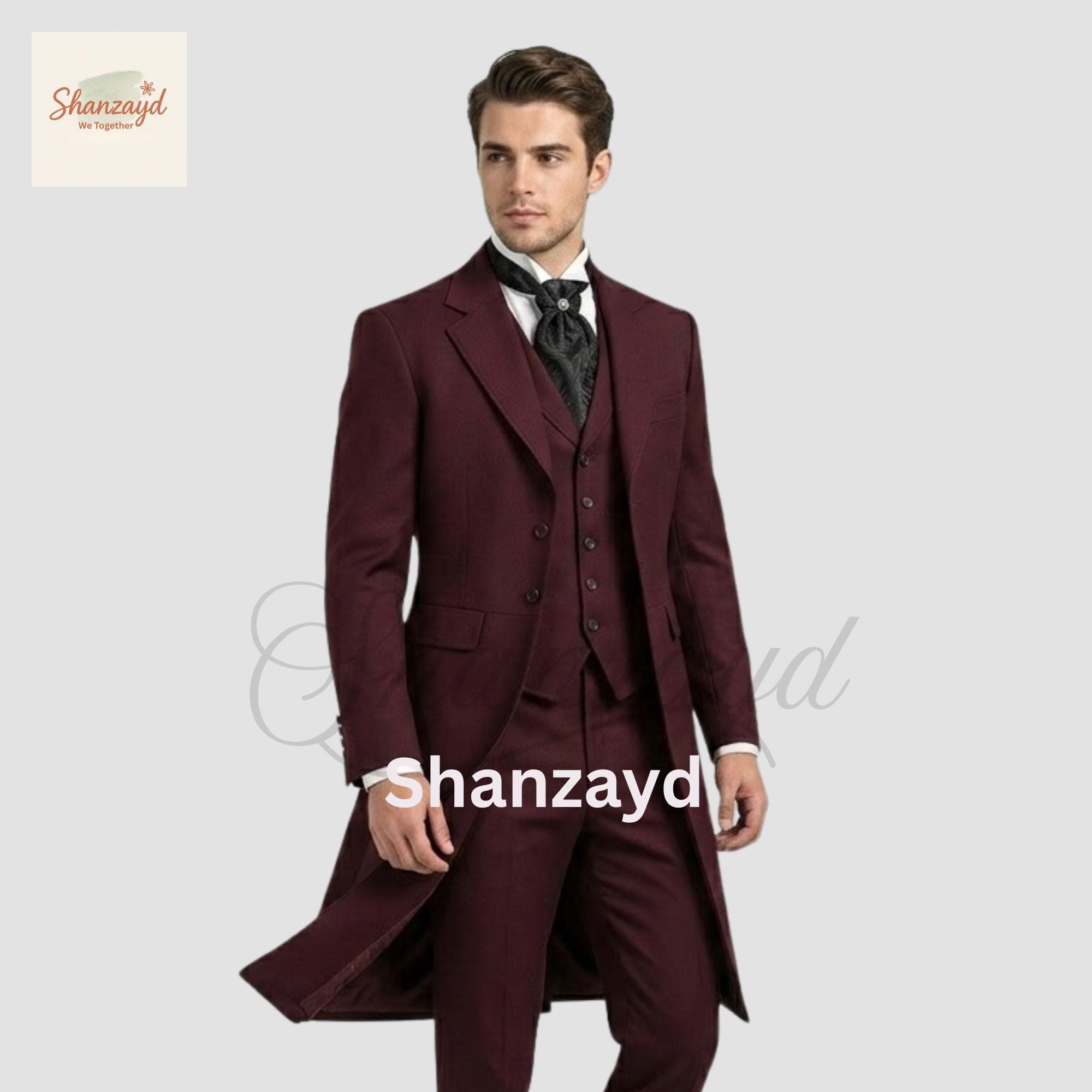 Burgundy Victorian Tailcoat Suit, Gothic Wedding Groom Suit, Vintage Three Piece Formal Suit,Edwardian Long Coat Outfit, frock coat suit