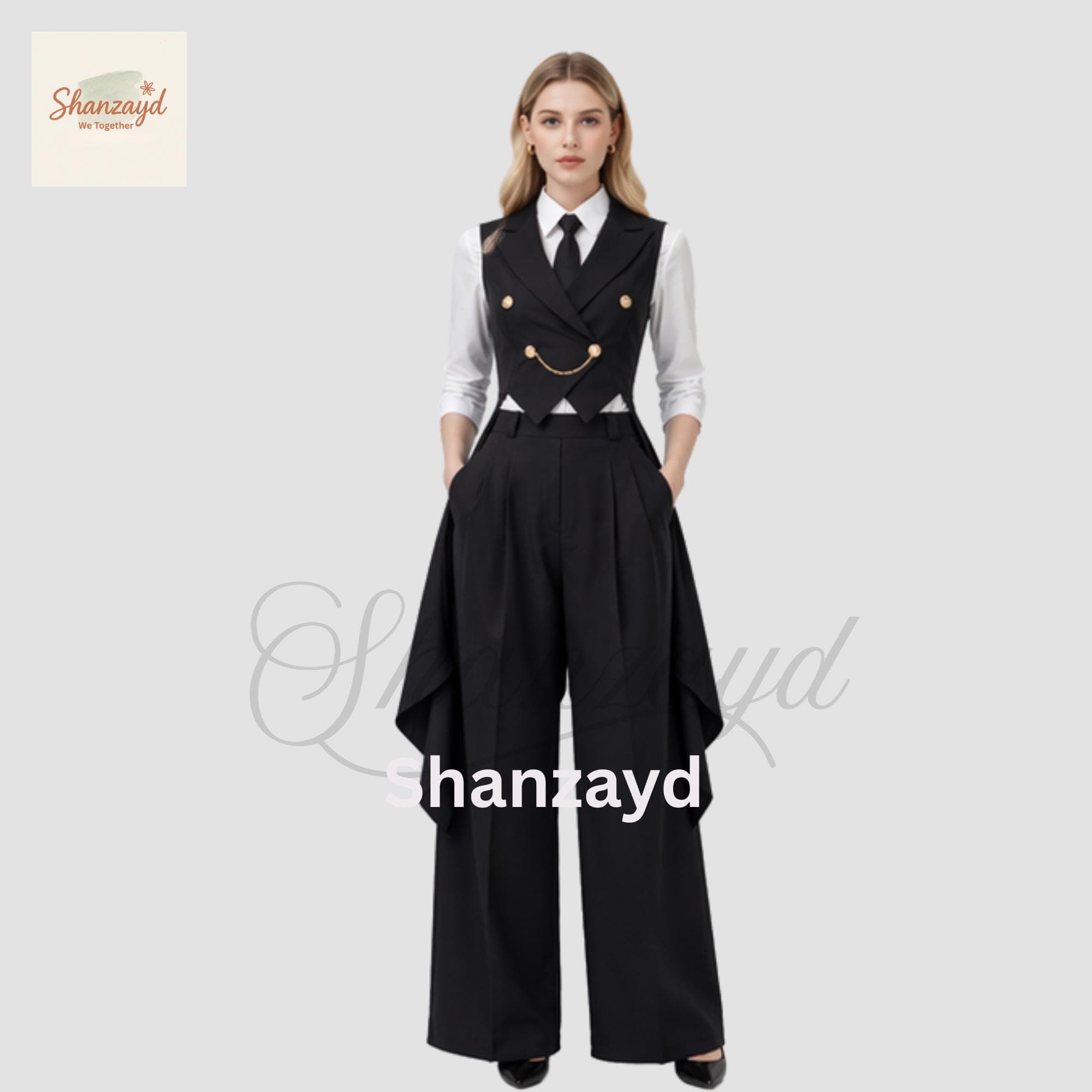 Women Black Tailcoat Suit Set, Formal Vest and Wide Leg Pants, Gothic Victorian Inspired Outfit, Steampunk Women Suit, Office Wear Suit
