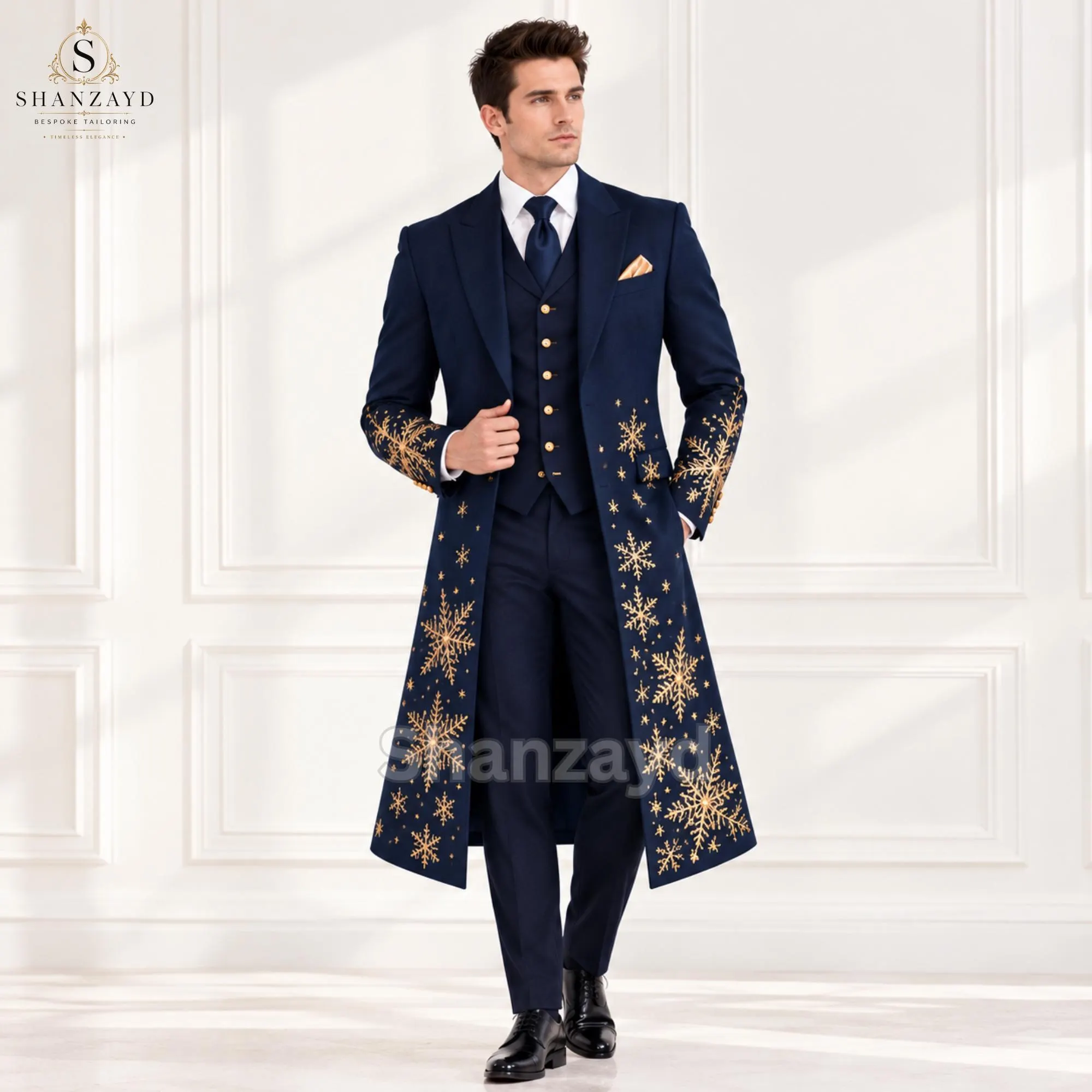 Mens Christmas Suit, Navy Blue Gold Snowflake Embroidered Tuxedo, Christmas Wedding Groom Suit, Holiday Party Formal Outfit - image 4