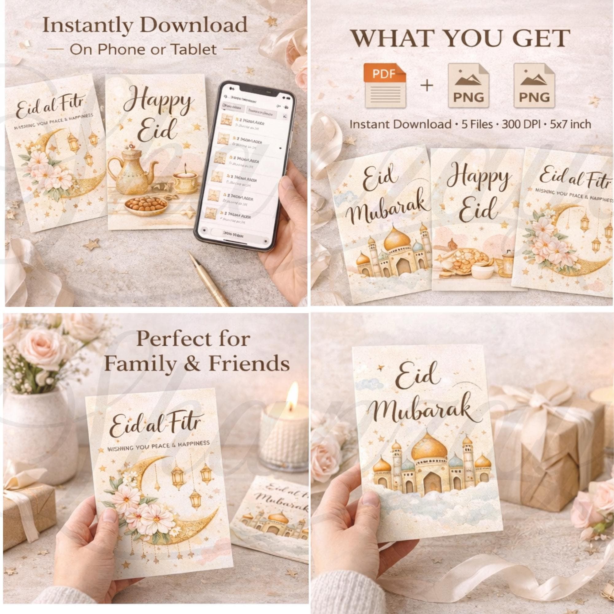 Eid Mubarak Printable Cards 5x7 Set of 5 | Happy Eid Card Bundle PDF PNG | Eid al Fitr & Eid al Adha Islamic Greeting Card Download - image 3