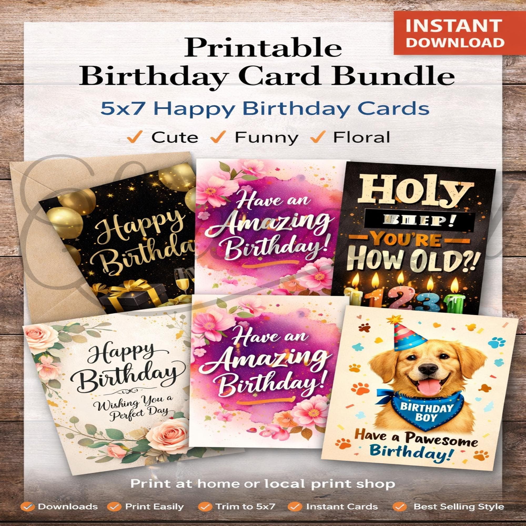Printable Birthday Card Bundle 5x7 Happy Birthday Cards PDF Instant Download Variety Pack Greeting Cards for Him Her Kids
