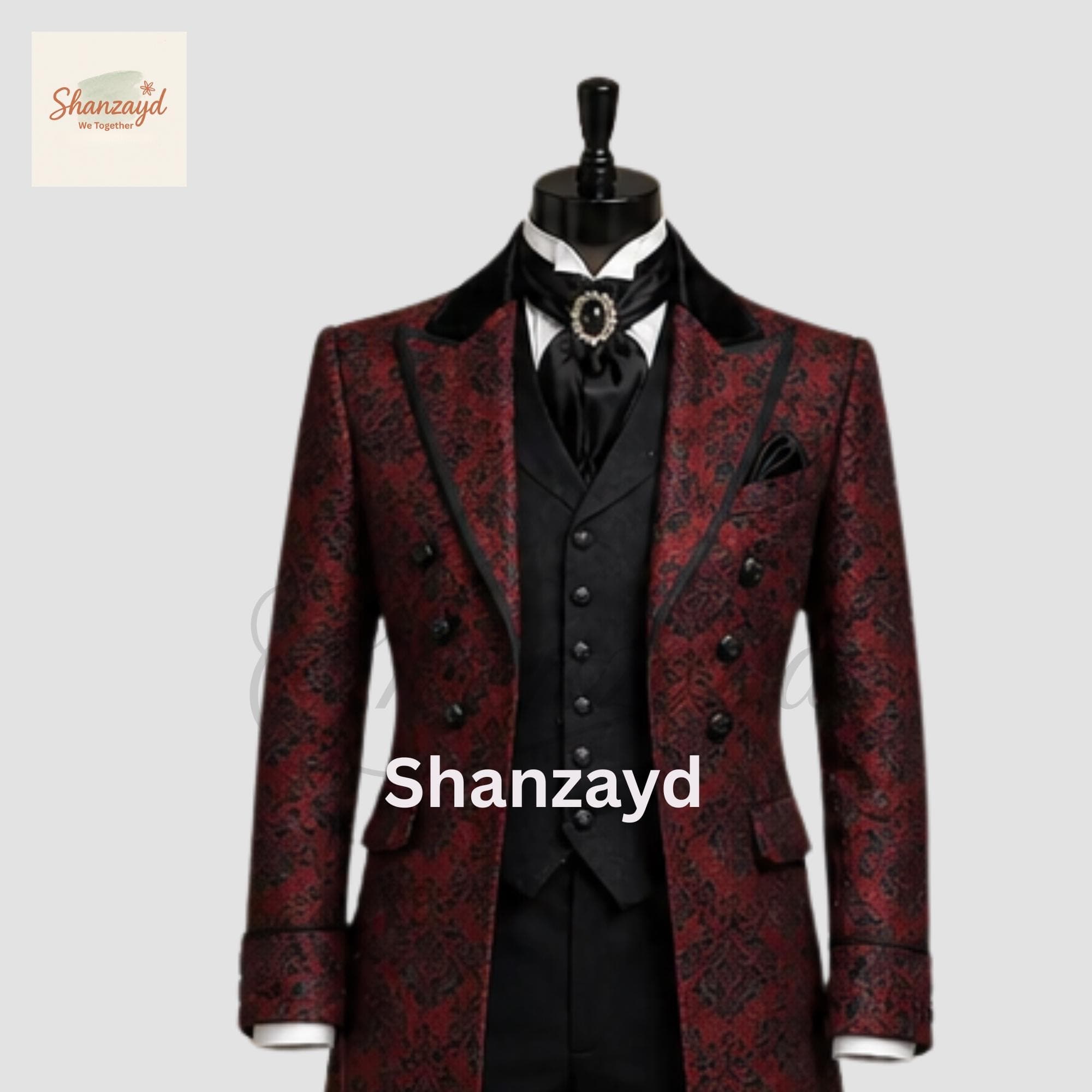 Burgundy Gothic Frock Coat Men, Victorian Wedding Suit, Brocade Tailcoat, Vintage Formal Outfit, Regency Style Coat, Black Vest Suit Set - image 5