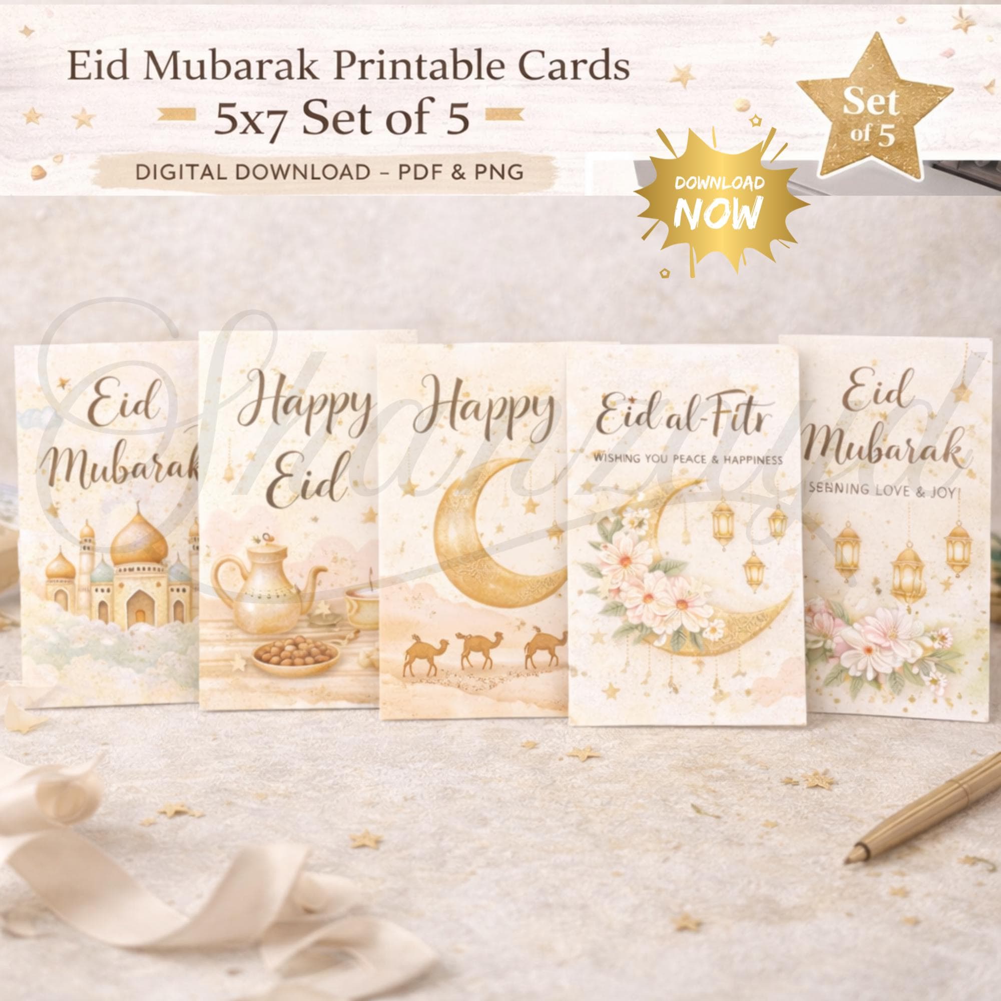 Eid Mubarak Printable Cards 5x7 Set of 5 | Happy Eid Card Bundle PDF PNG | Eid al Fitr & Eid al Adha Islamic Greeting Card Download