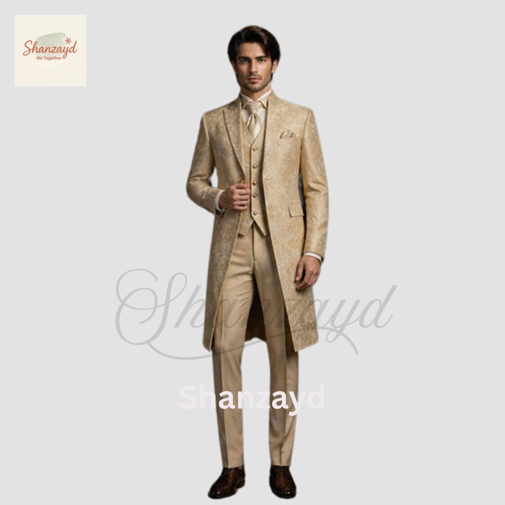 Mens Gold Brocade Frock Coat Suit Royal Wedding Suit Groom Sherwani Style Long Coat Victorian Formal Suit 3 Piece Regal Outfit Men