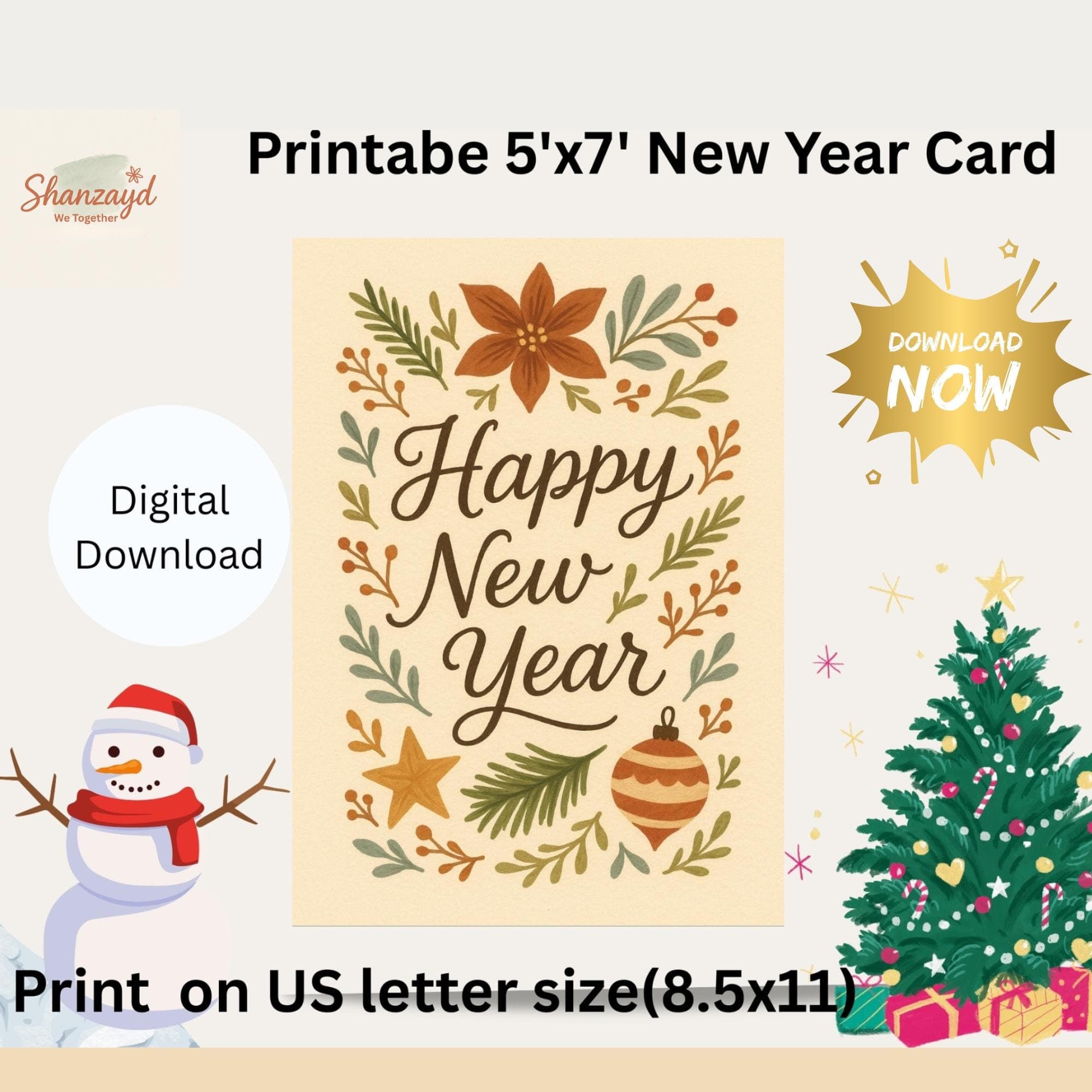 Happy New Year Card •  New Year  Cards • 5x7 Retro Floral Card • Instant Download PDF  • Holiday Card - image 3