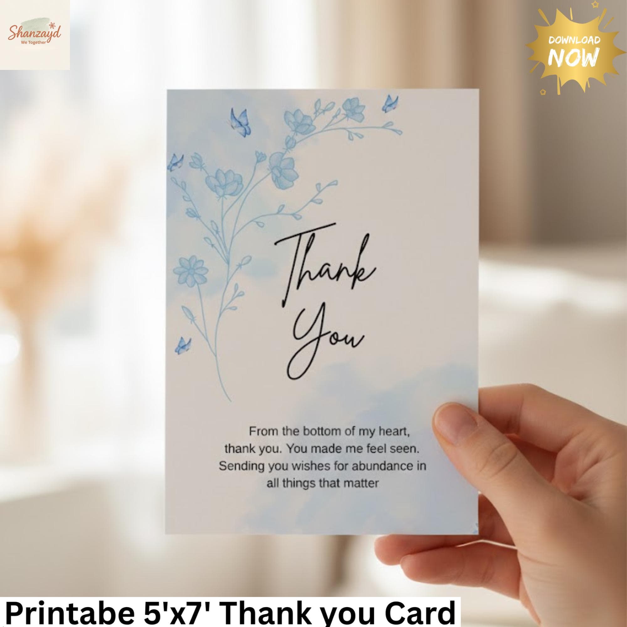 Floral Thank You Card Printable 5x7 Thank You Card PDF Instant Download Watercolor Flower Greeting Card Wedding Thank You Card