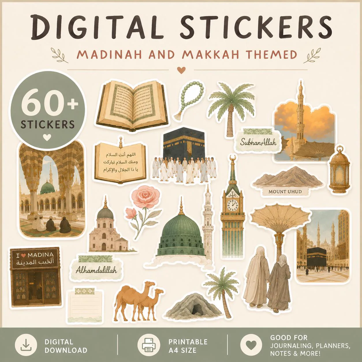 Islamic Digital Stickers | Makkah & Madinah Sticker Pack | Aesthetic Planner Stickers | Decorative | Muslim Journal PNG Set - image 5