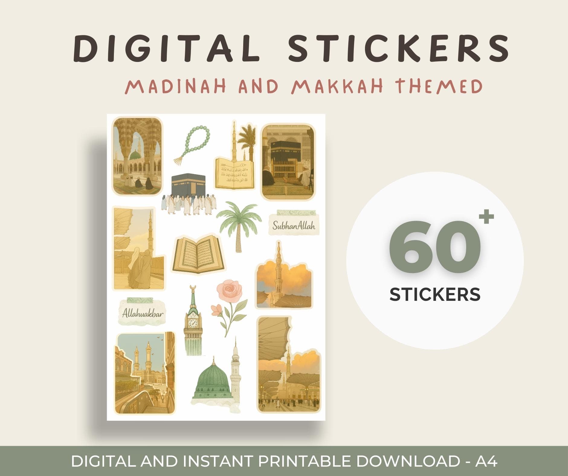 Islamic Digital Stickers | Makkah & Madinah Sticker Pack | Aesthetic Planner Stickers | Decorative | Muslim Journal PNG Set