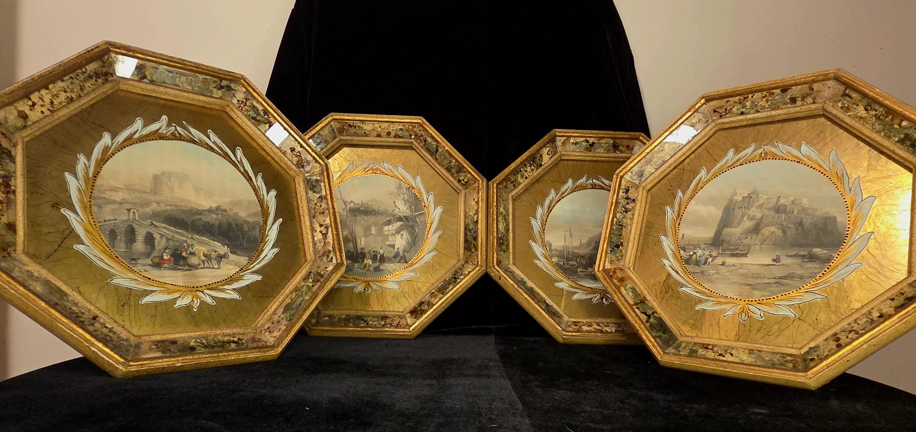 Antique Victorian Hexagonal Steel Wall Plaques by Clifford Art Studio – 19th Century Scenic Hanging Art, Set of Four