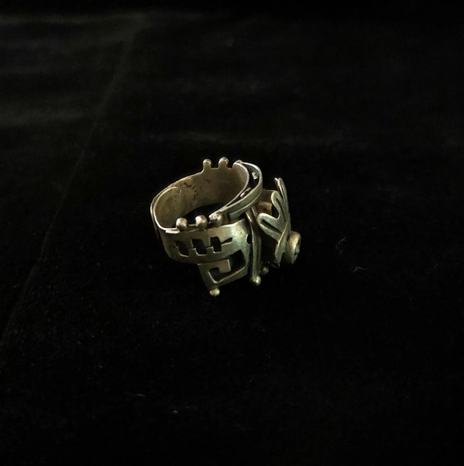 Vtg Mexico Sterling  Aztec Headdress Tribal Poison Mens Ring TAXCO Signed VOO - image 3