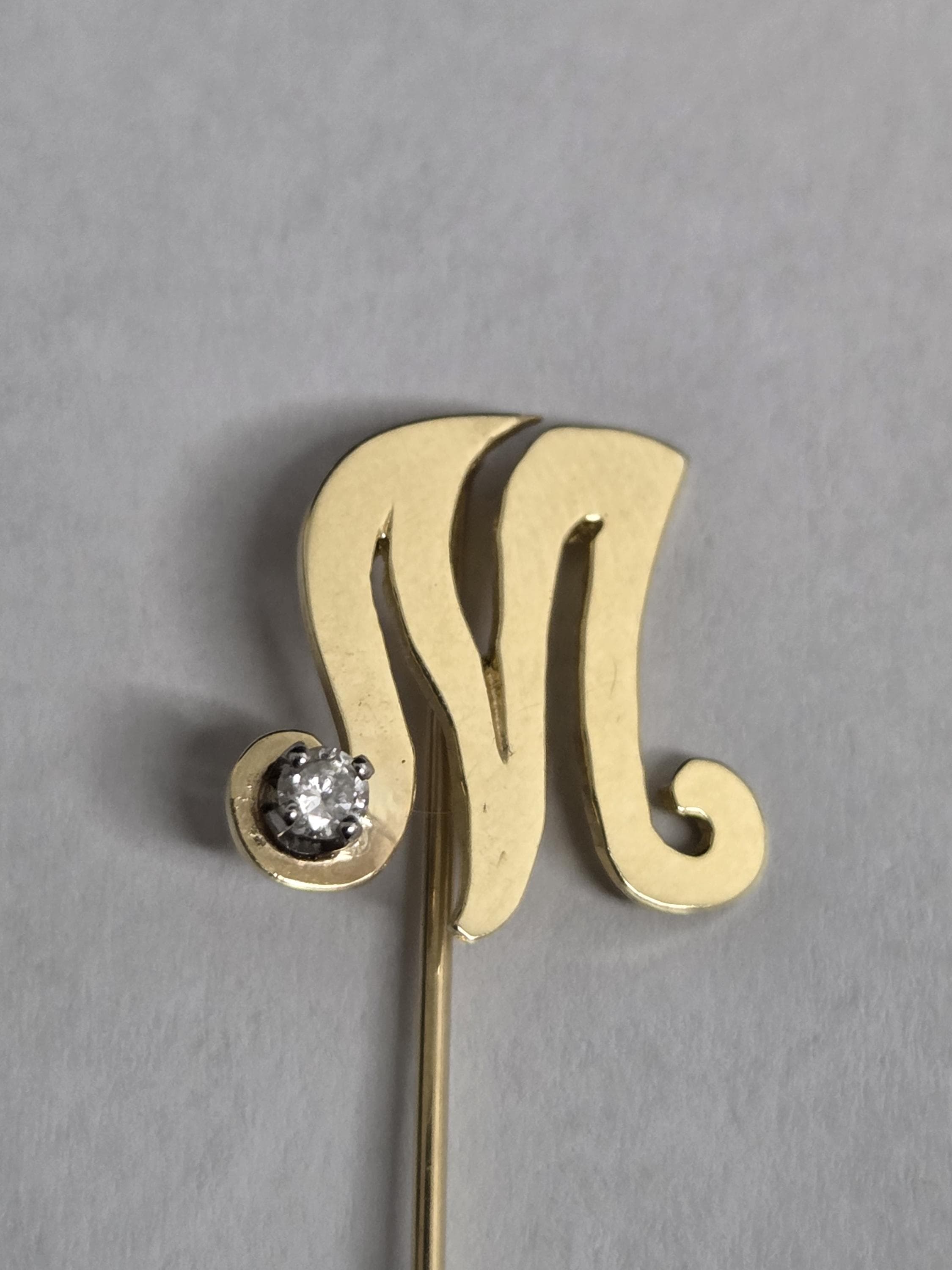 Antique 14K Gold Diamond Stick Pin – Art Nouveau Monogram Lapel Pin - image 3