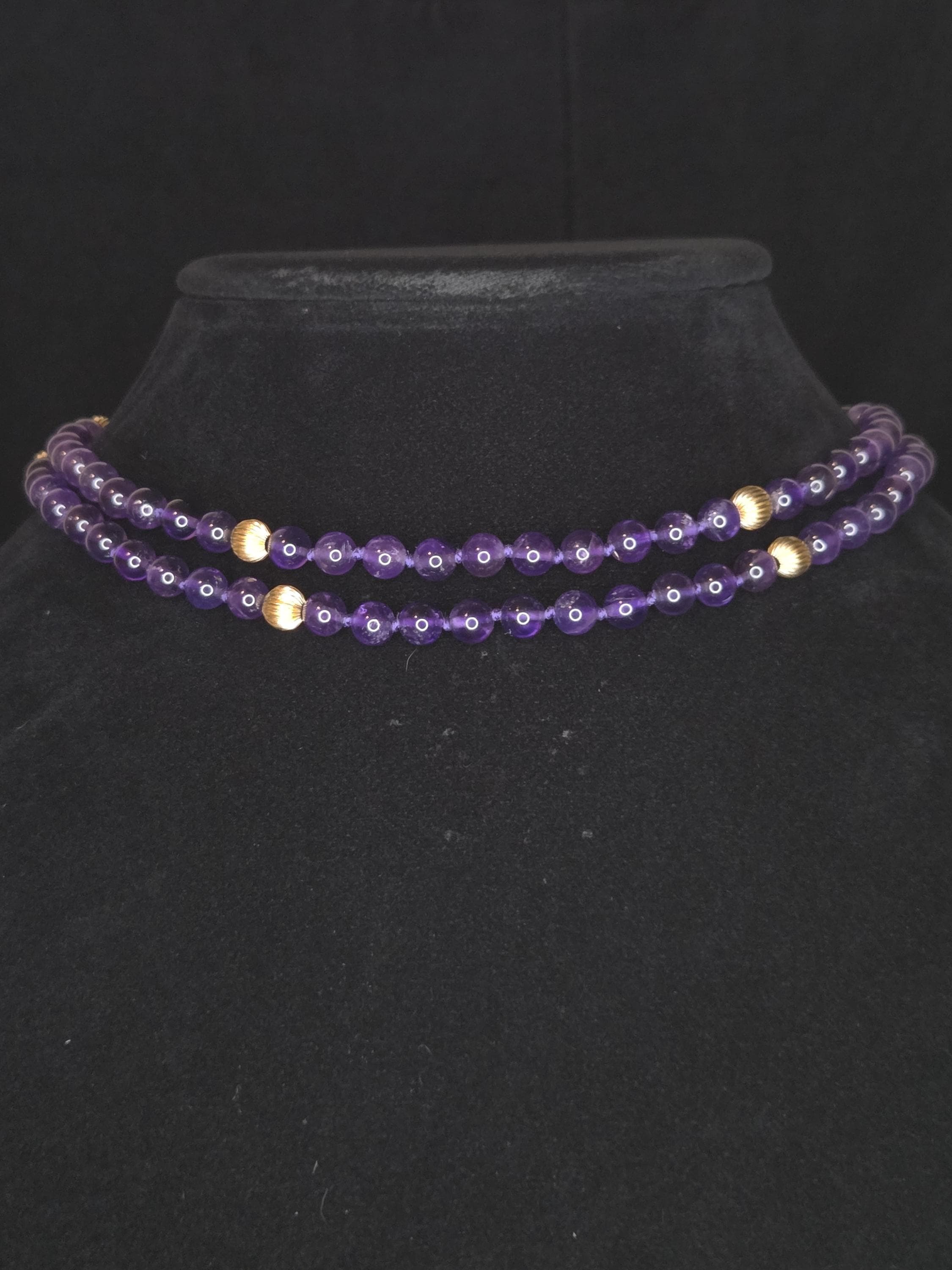 14K Yellow Gold Natural 6mm Amethyst Ball Bead Strand Necklace - image 2