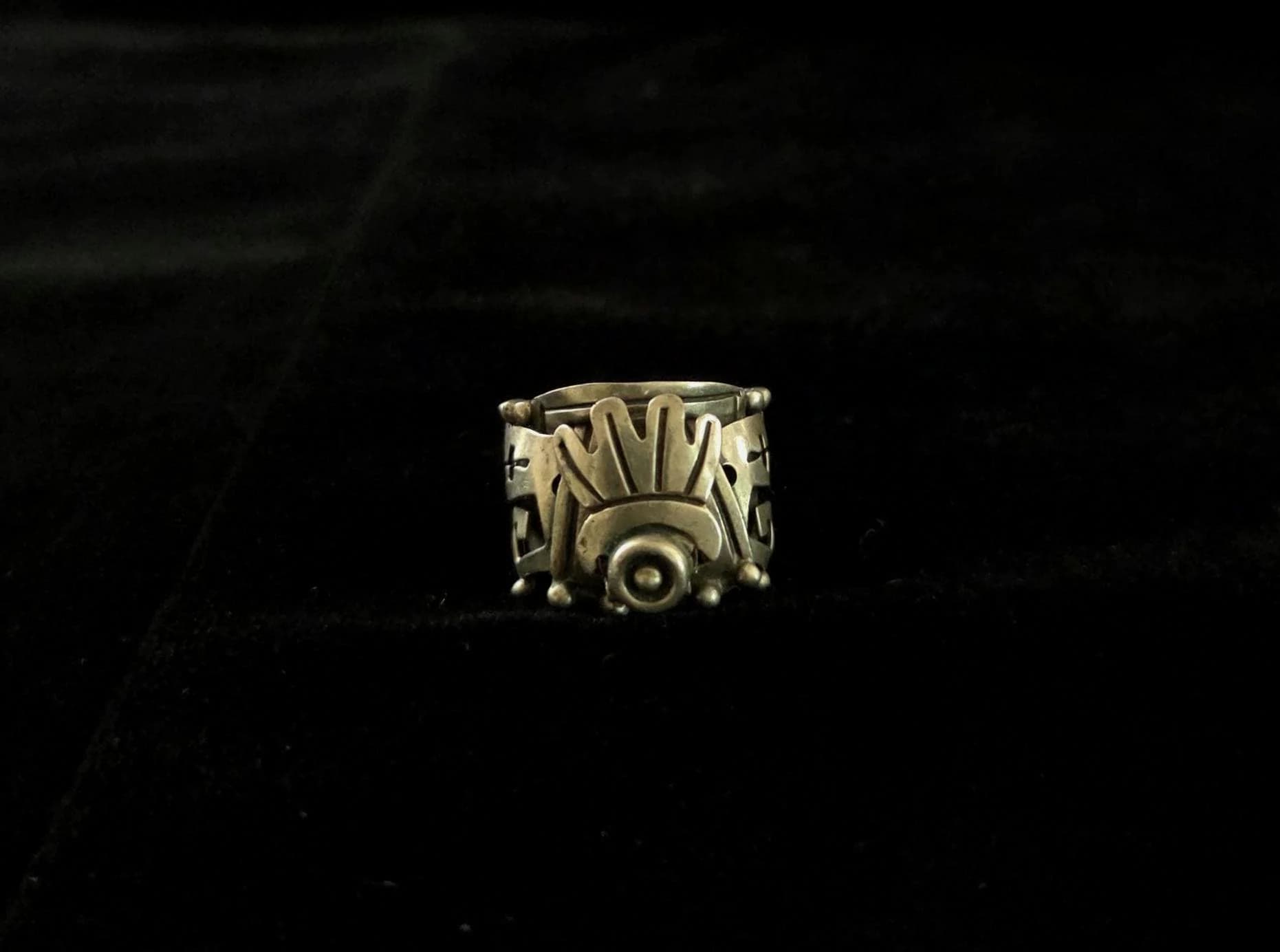 Vtg Mexico Sterling  Aztec Headdress Tribal Poison Mens Ring TAXCO Signed VOO