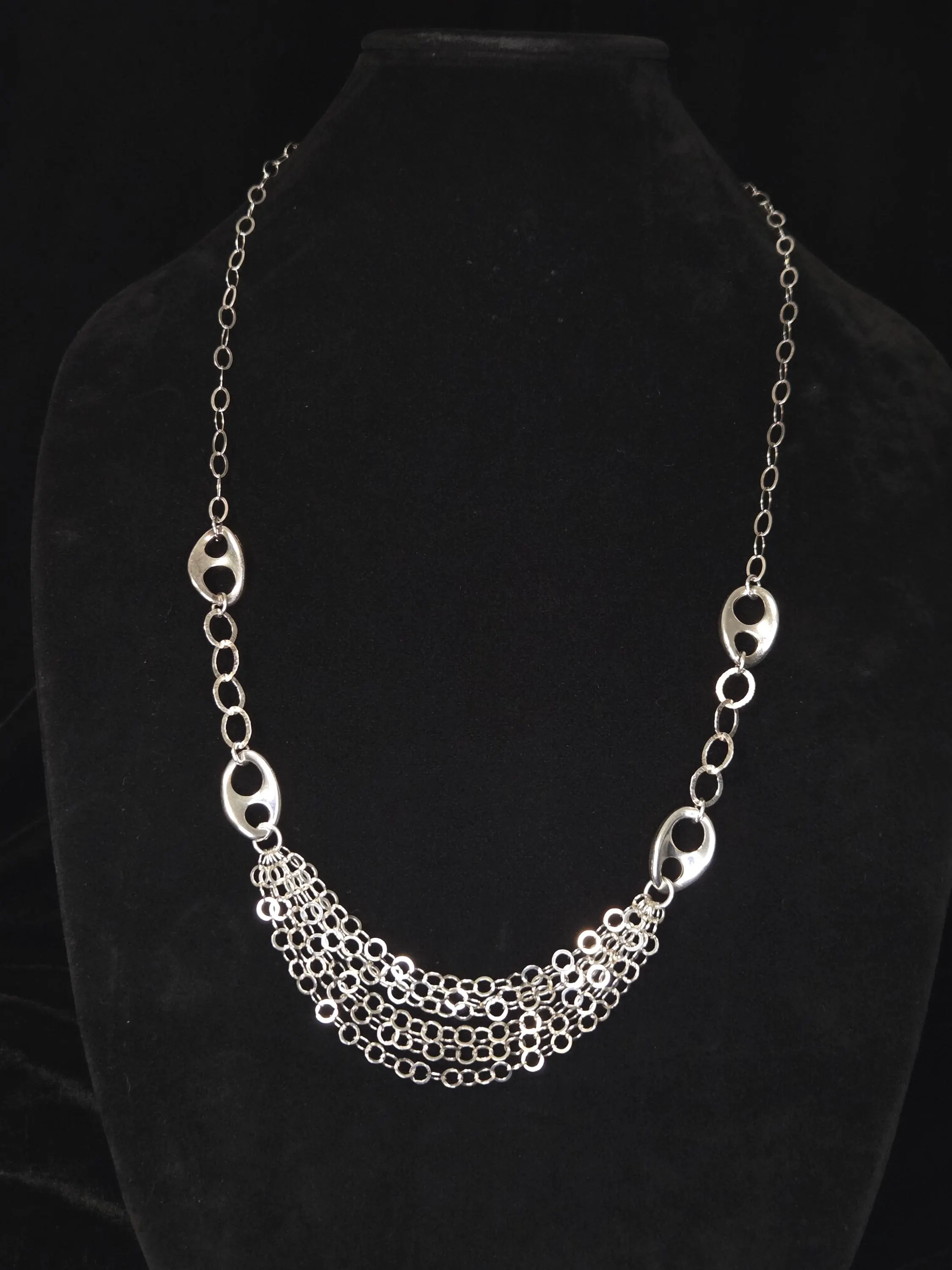 Vintage REEB Italian Sterling Silver Multi-Strand Draped Chain Necklace | Modernist Statement Bib | 925 Silver