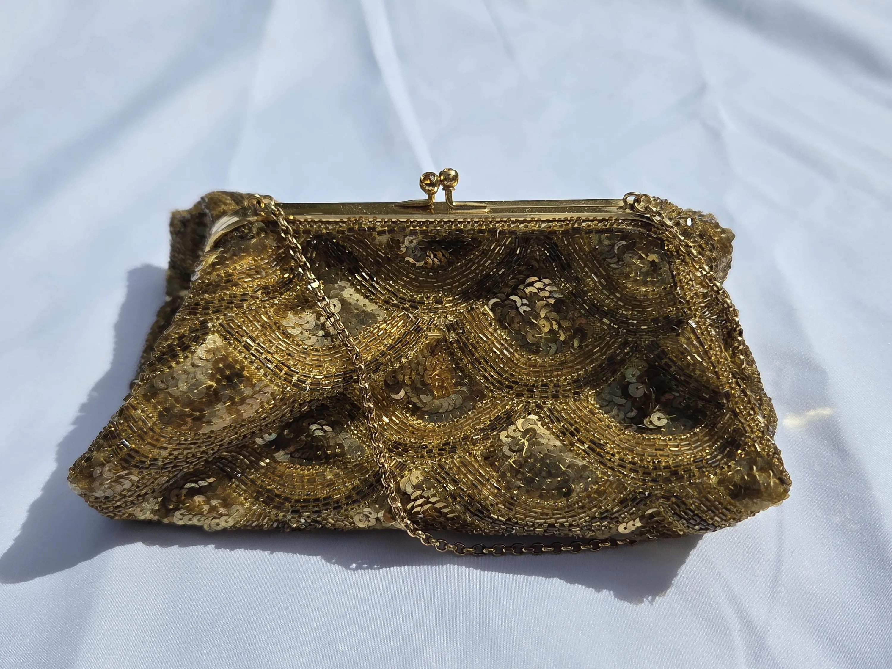 Vintage Gold Sequin Beaded Clutch Bag with Compact – Made in France 1950s Evening Bag