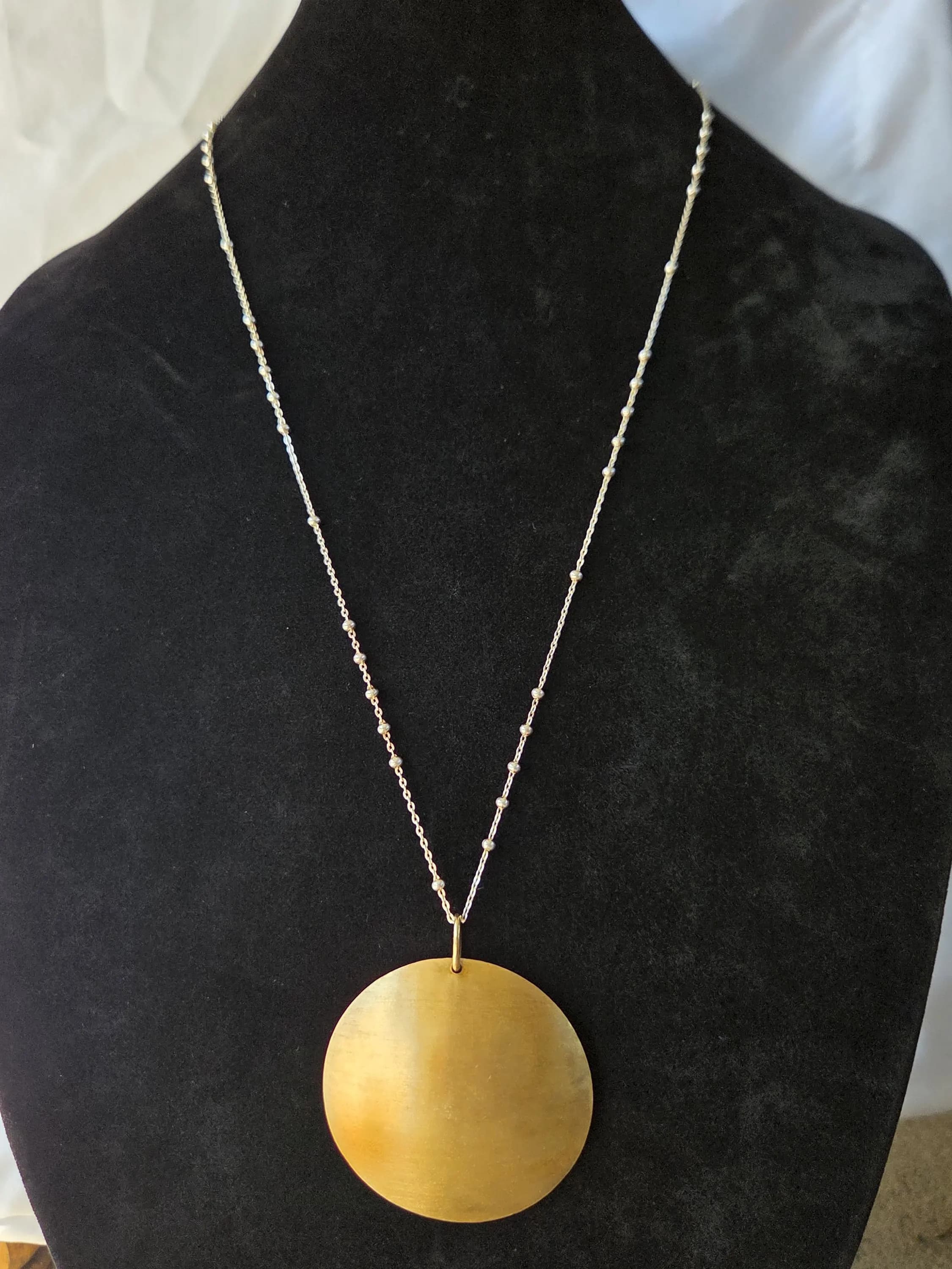 Brushed Gold Full Moon Disc Necklace, Sterling Silver Two-Tone Pendant, Italia Crea 925 Italy