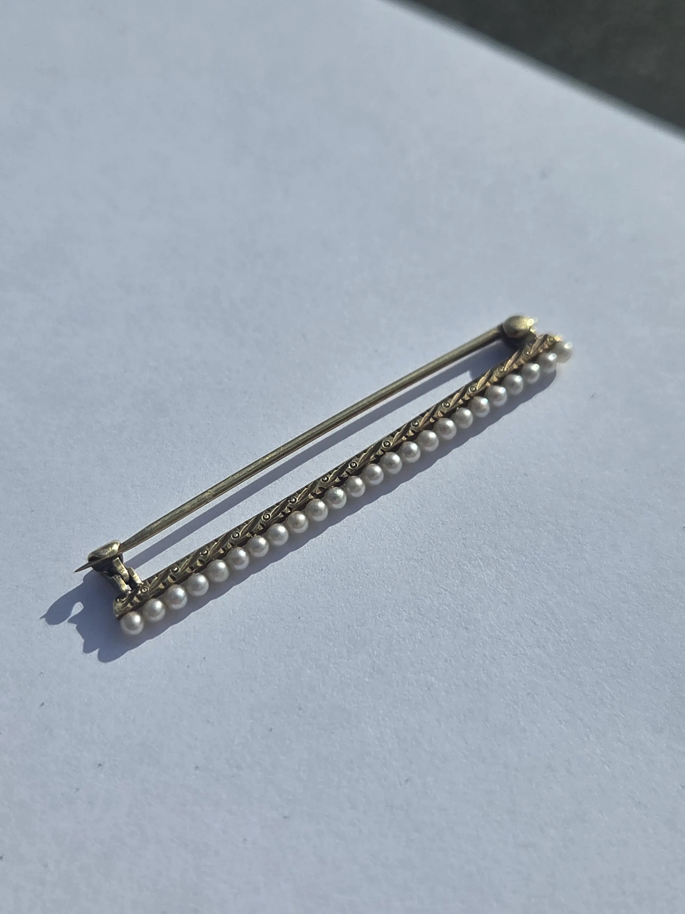 Edwardian 14K Gold Seed Pearl Brooch | Antique Bar Pin, c. 1905 - image 2