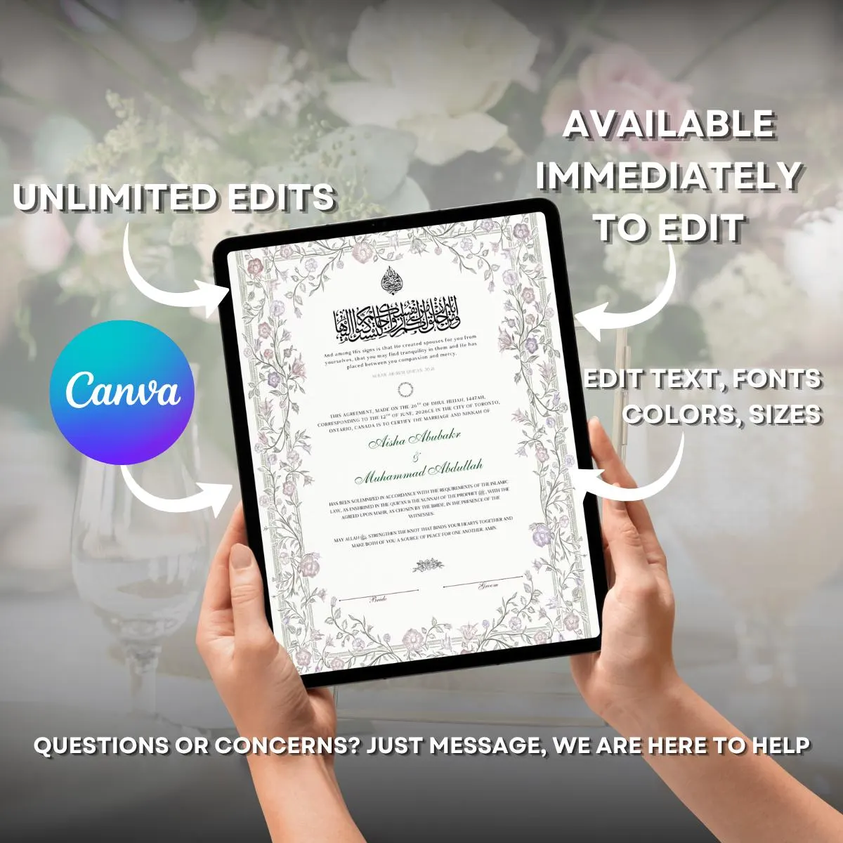 Floral Nikkah Certificate Template | Islamic Marriage Certificate | Editable Canva Nikkah Certificate | Floral Muslim Wedding Certificate A3 - image 5
