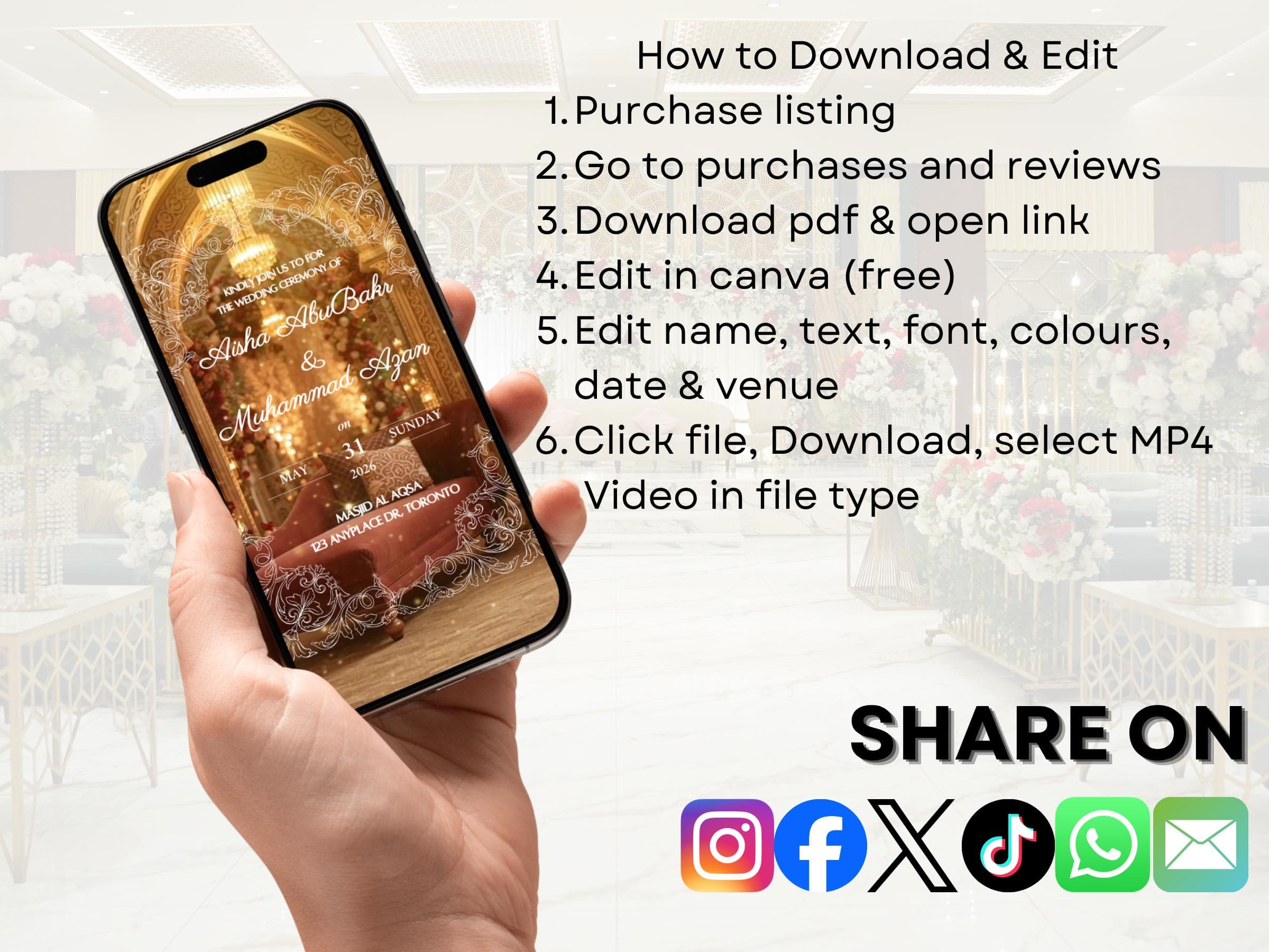 Editable Wedding Video Invitation: Nikkah, Walima, Video Wedding Invite Celebration DO IT YOURSELF Video MP4 (Digital Download) - image 5