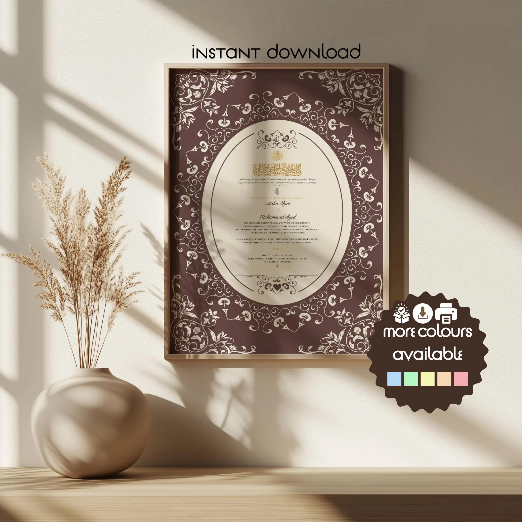 Oval Nikkah Certificate for Islamic Wedding Document Nikah Nama Canva Template (Digital Download) A3 - image 2