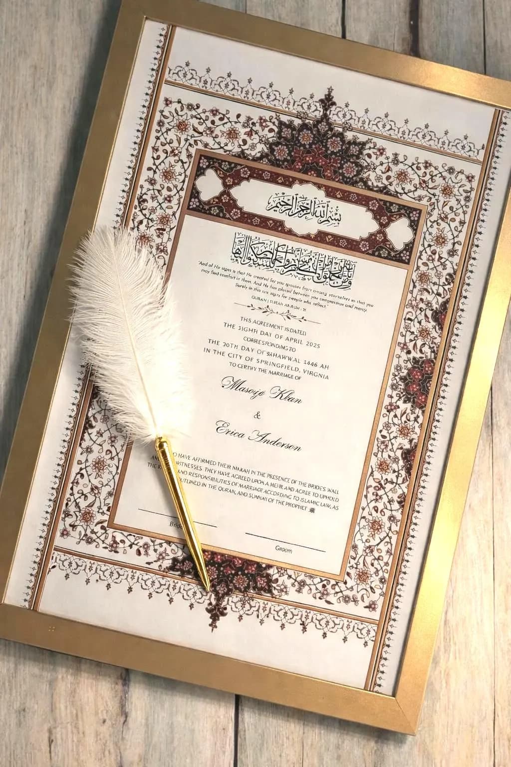 Luxury Nikkah Certificate, A4 Islamic Wedding Contract, Nikkah Nama, Muslim Marriage, Quran Verse