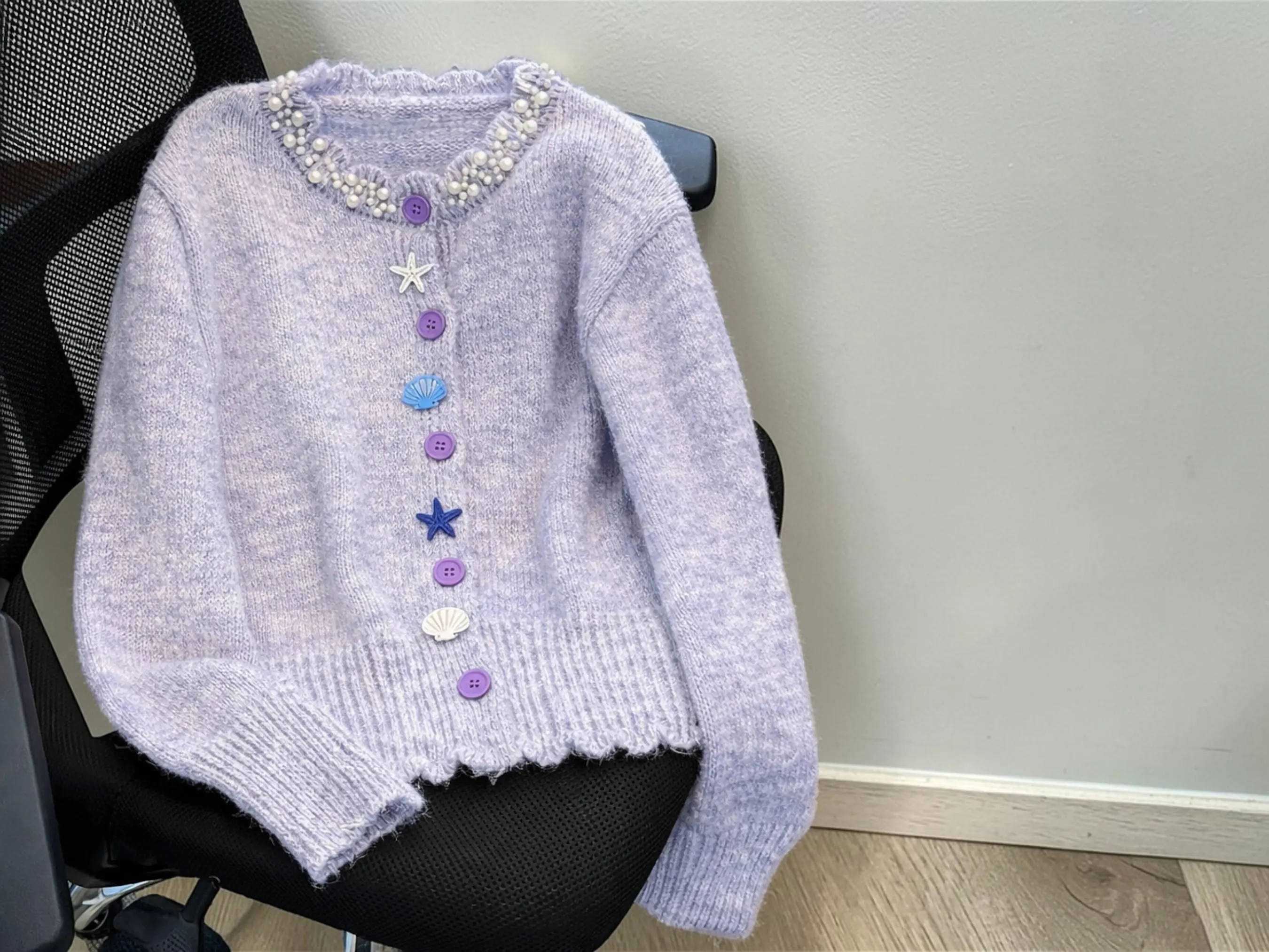 Pearl Collar Knit Cardigan | Starfish Seashell Charm Sweater - image 4