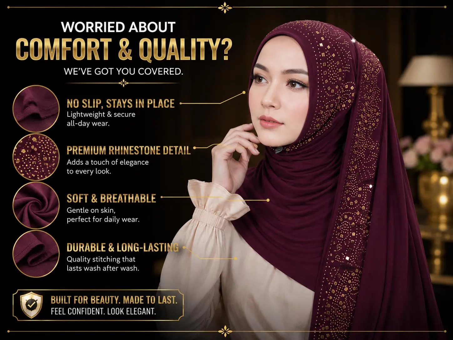 Soft Jersey Stone Hijab | Sparkle Headscarf | Stretch Muslim Scarf Wrap - image 3