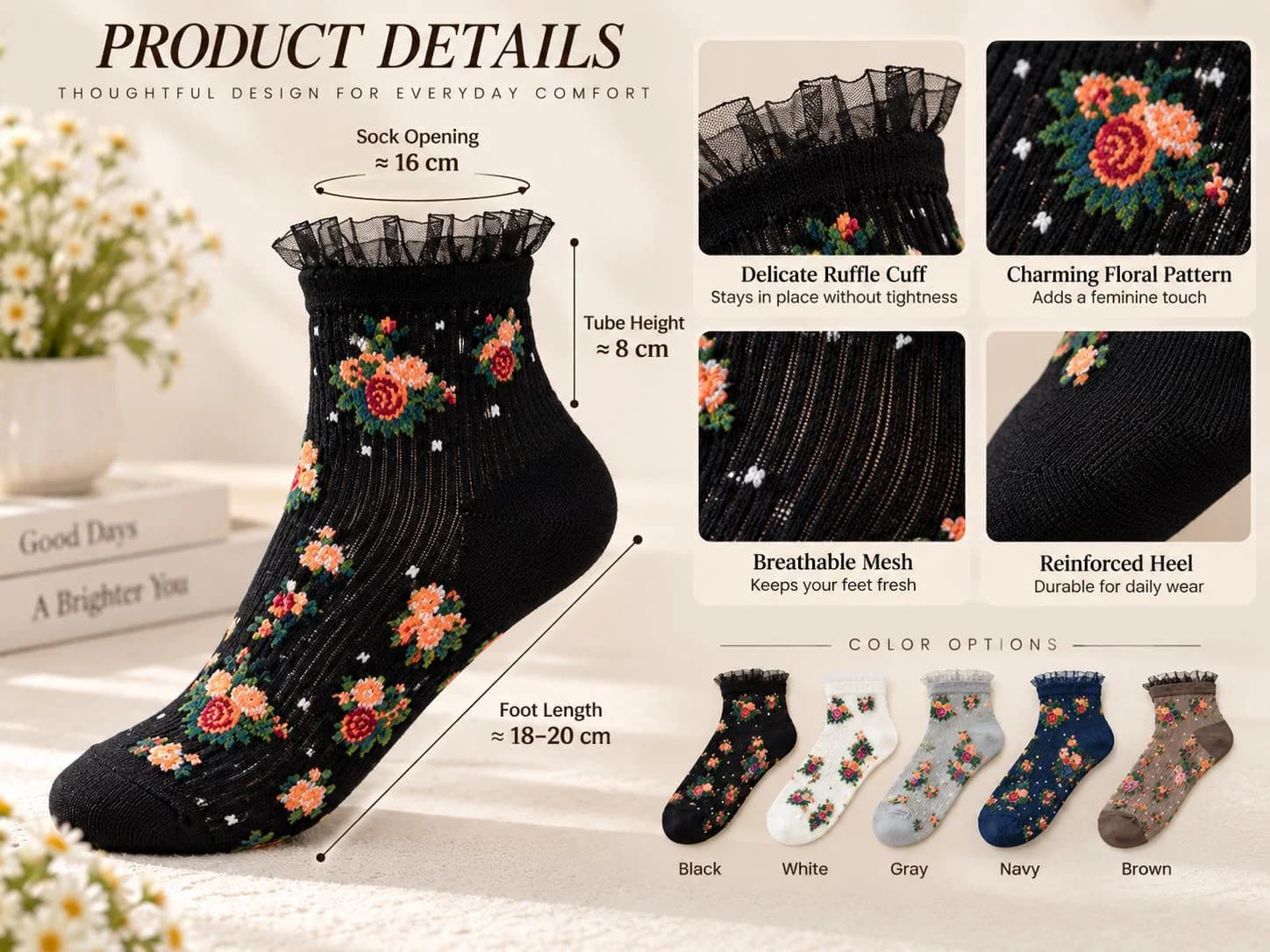 Floral Embroidered Sheer Ankle Socks Lace Ruffle Cuff Lightweight Knit Casual Footwear Spring Summer - image 5
