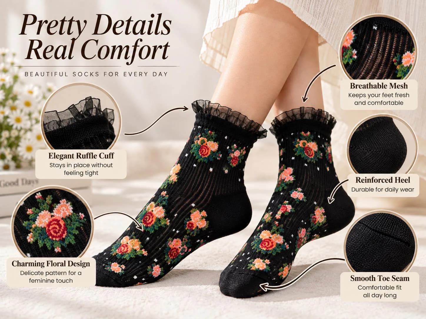 Floral Embroidered Sheer Ankle Socks Lace Ruffle Cuff Lightweight Knit Casual Footwear Spring Summer - image 3