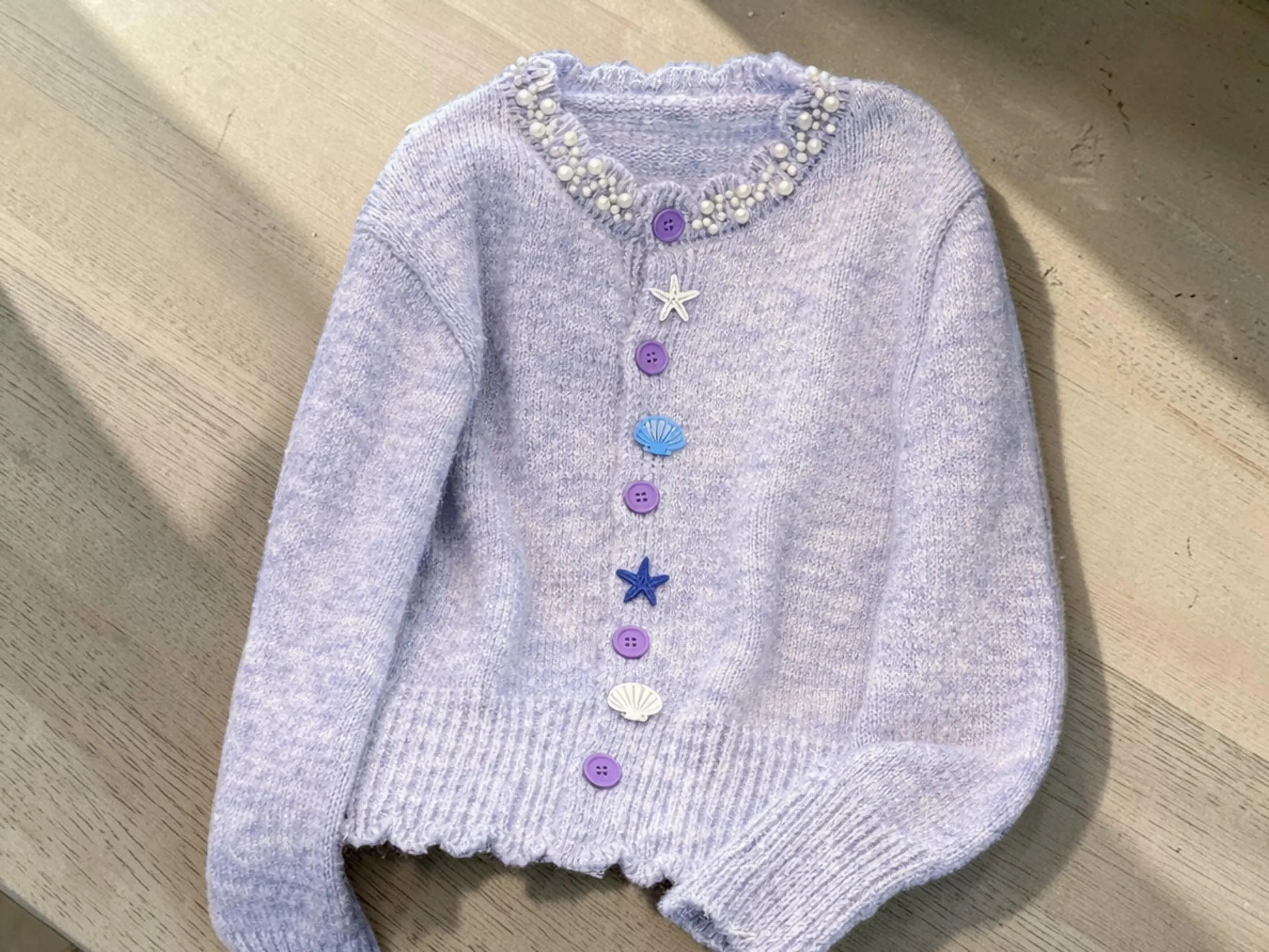 Pearl Collar Knit Cardigan | Starfish Seashell Charm Sweater - image 3