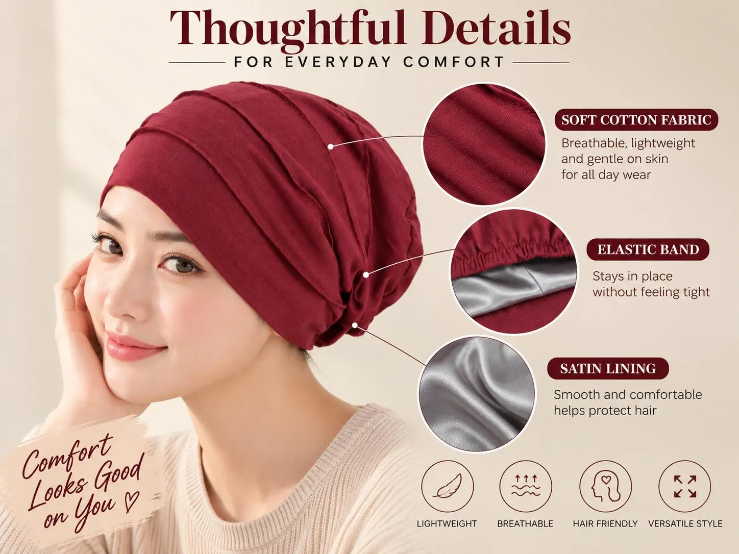 Womens Cotton Turban Hat Soft Stretch Beanie Inner Hijab Cap Satin Lining Comfortable Headwear - image 4