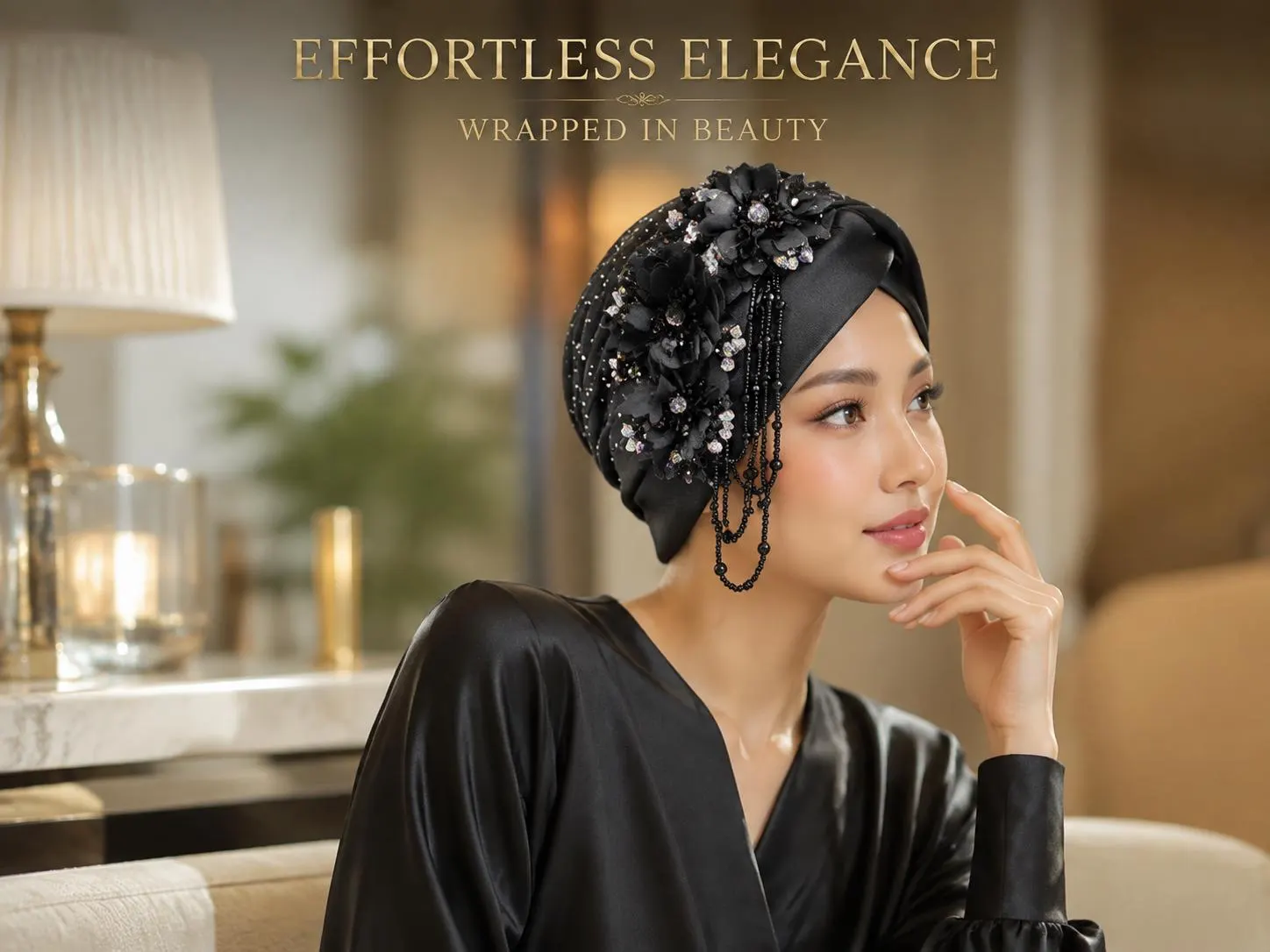 Women's Turban Cap, Elegant Beaded Head Wrap, Pleated Fashion Hijab Hat