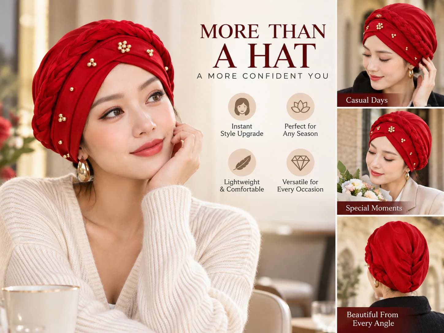 Women's Pre Tied Turban Cap, Twisted Sequin Head Wrap, Elegant Stretch Hijab Hat - image 4
