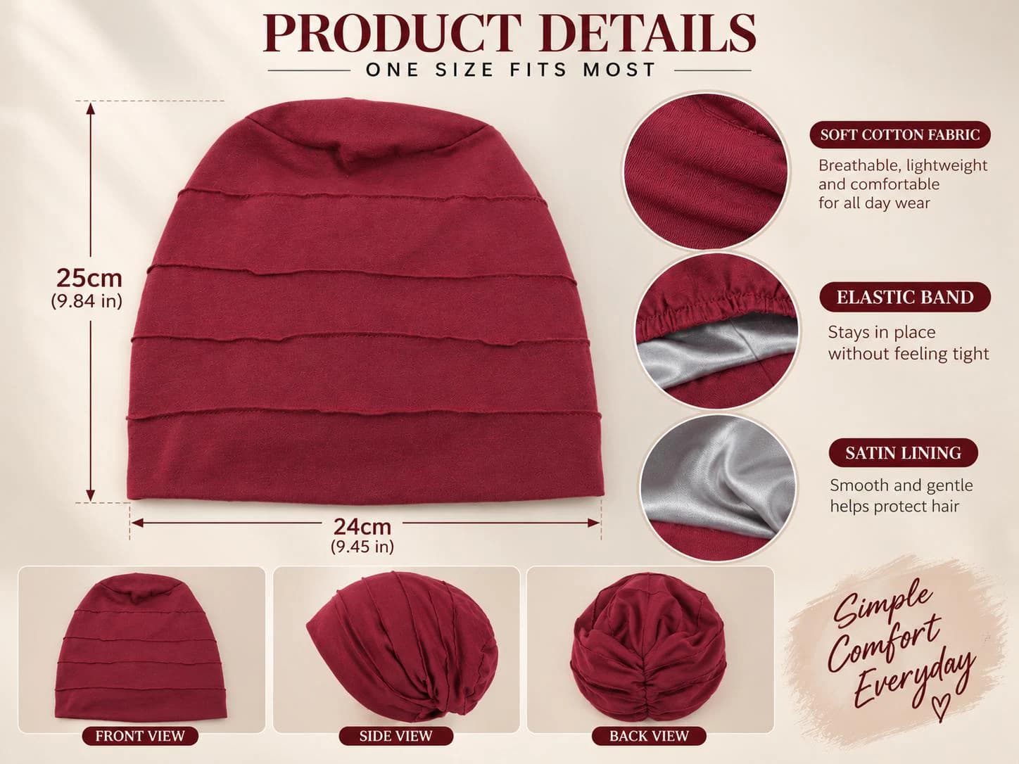 Womens Cotton Turban Hat Soft Stretch Beanie Inner Hijab Cap Satin Lining Comfortable Headwear - image 3