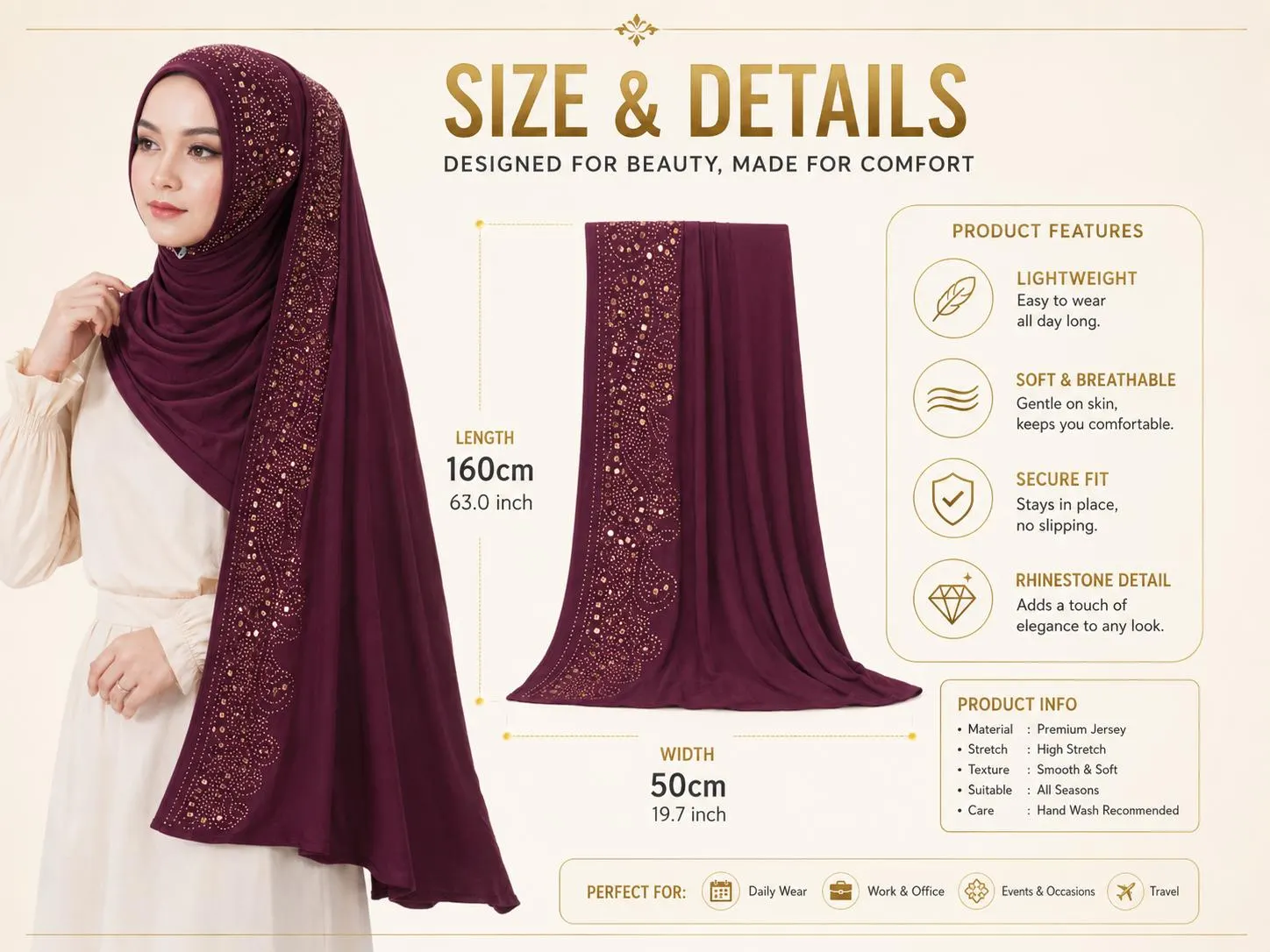 Soft Jersey Stone Hijab | Sparkle Headscarf | Stretch Muslim Scarf Wrap - image 5
