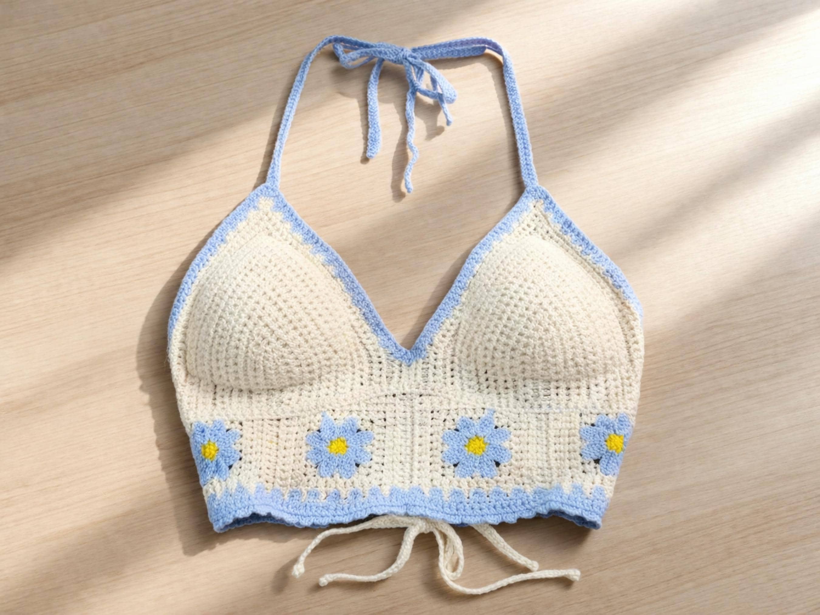 Floral Crochet Halter Top | Daisy Knit Bralette, Backless Summer Beachwear - image 3