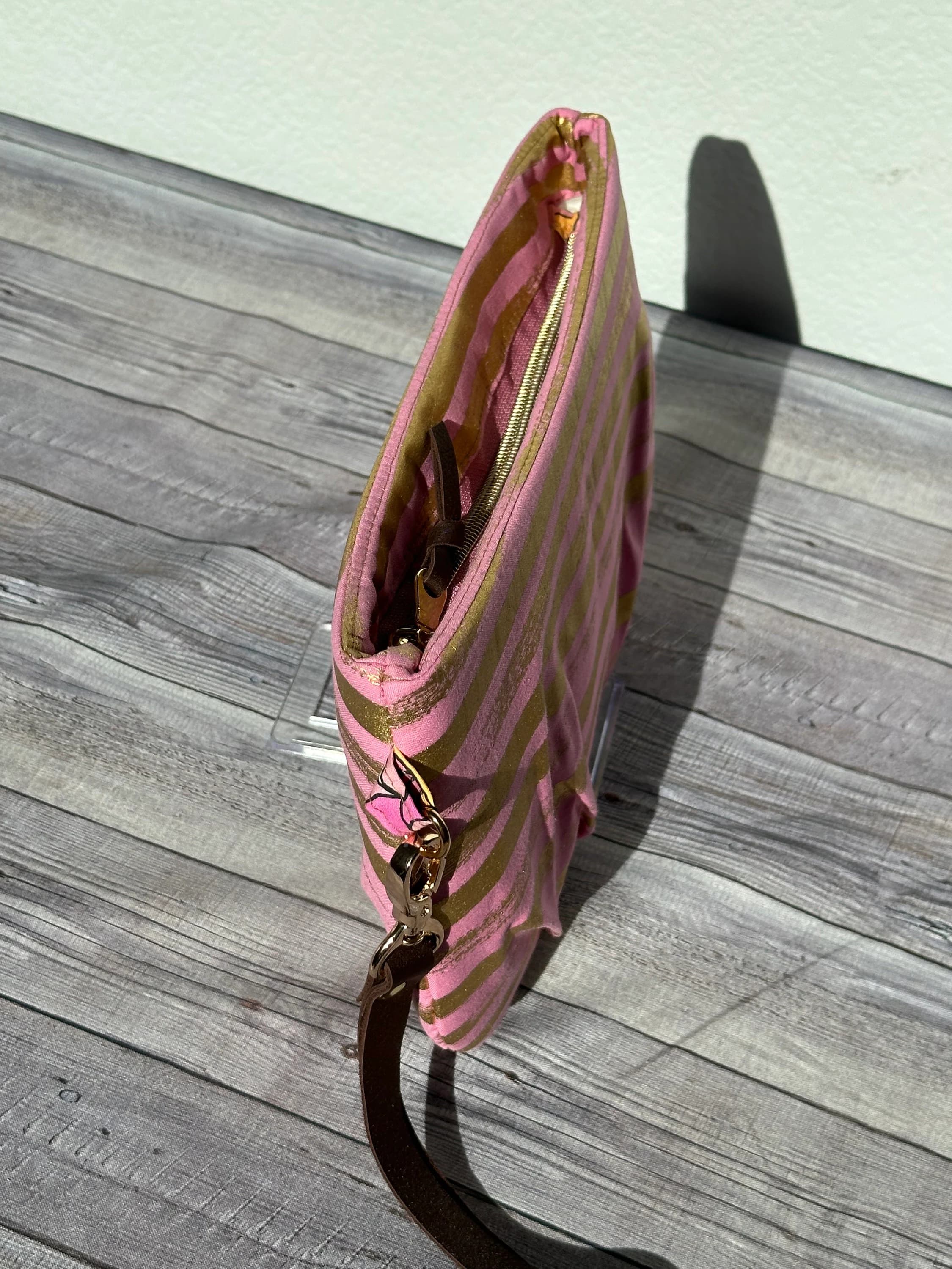 Pink and Gold Striped Clutch: Handmade Wristlet Purse - image 4