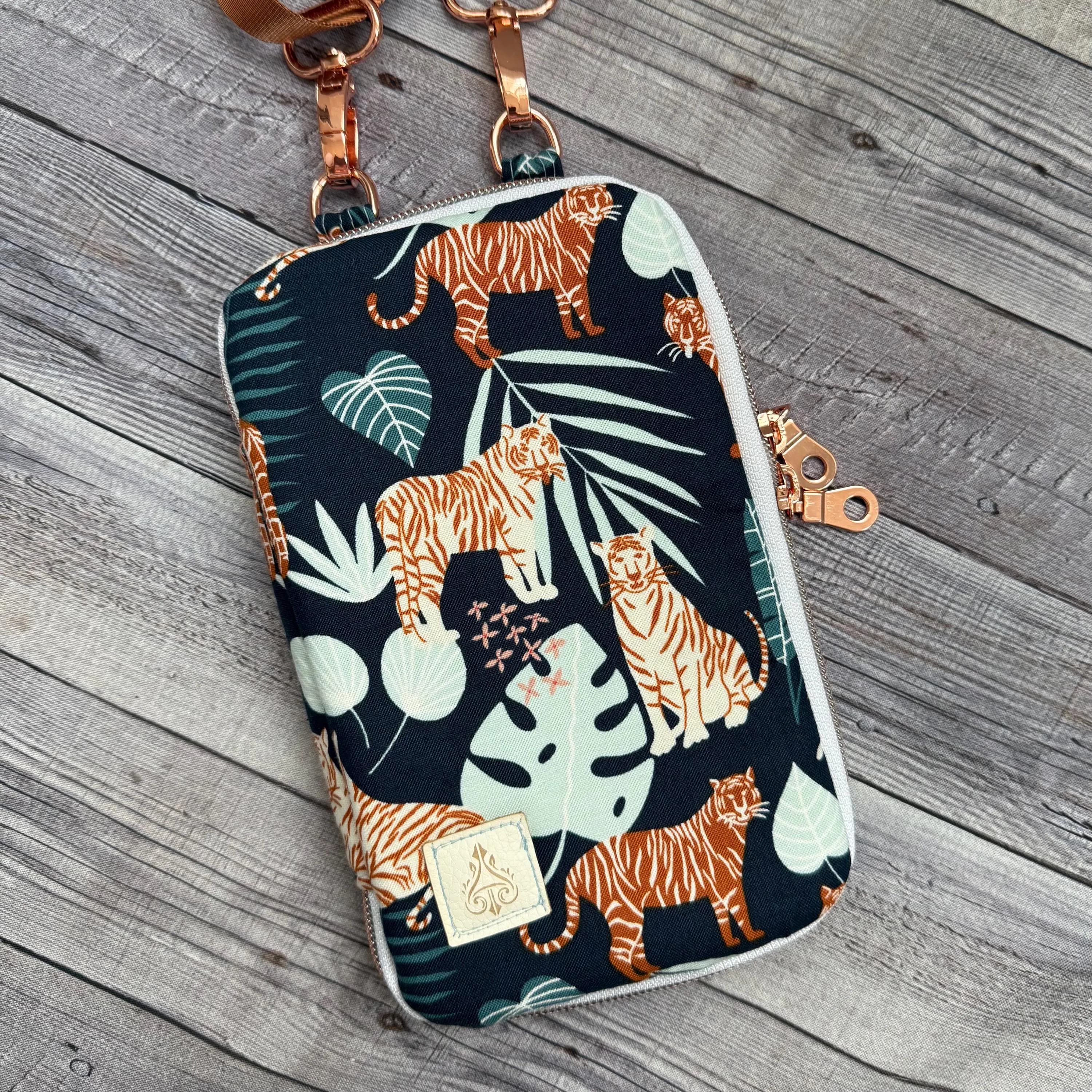 Safari Crossbody Wallet: Tiger Print, Cotton & Steel, Rose Gold Hardware