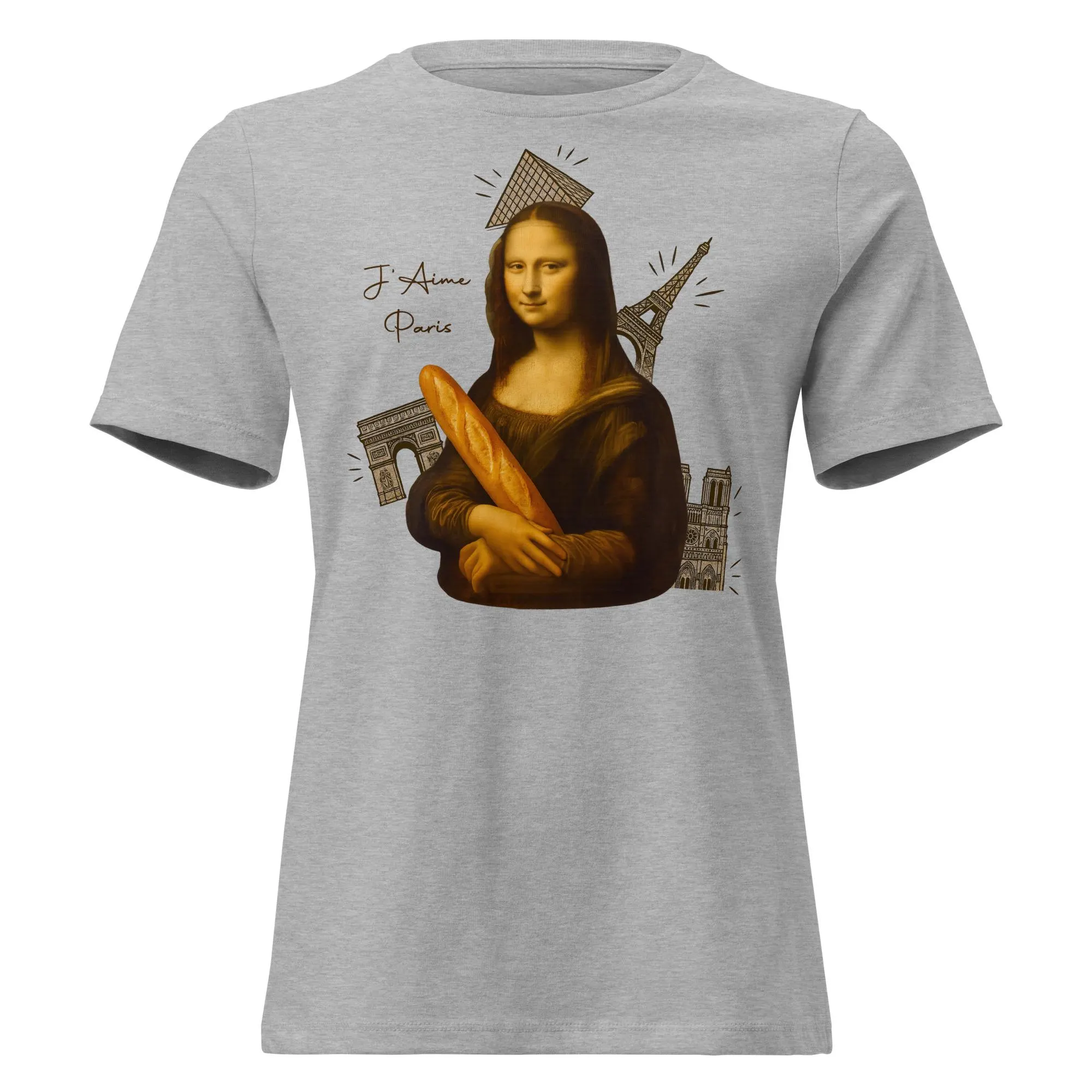 J’Aime Paris Mona Lisa Relaxed Fit T‑Shirt for Women – Funny I Love Paris French Travel Souvenir Tee – Eiffel Tower, Louvre Womens Shirt
