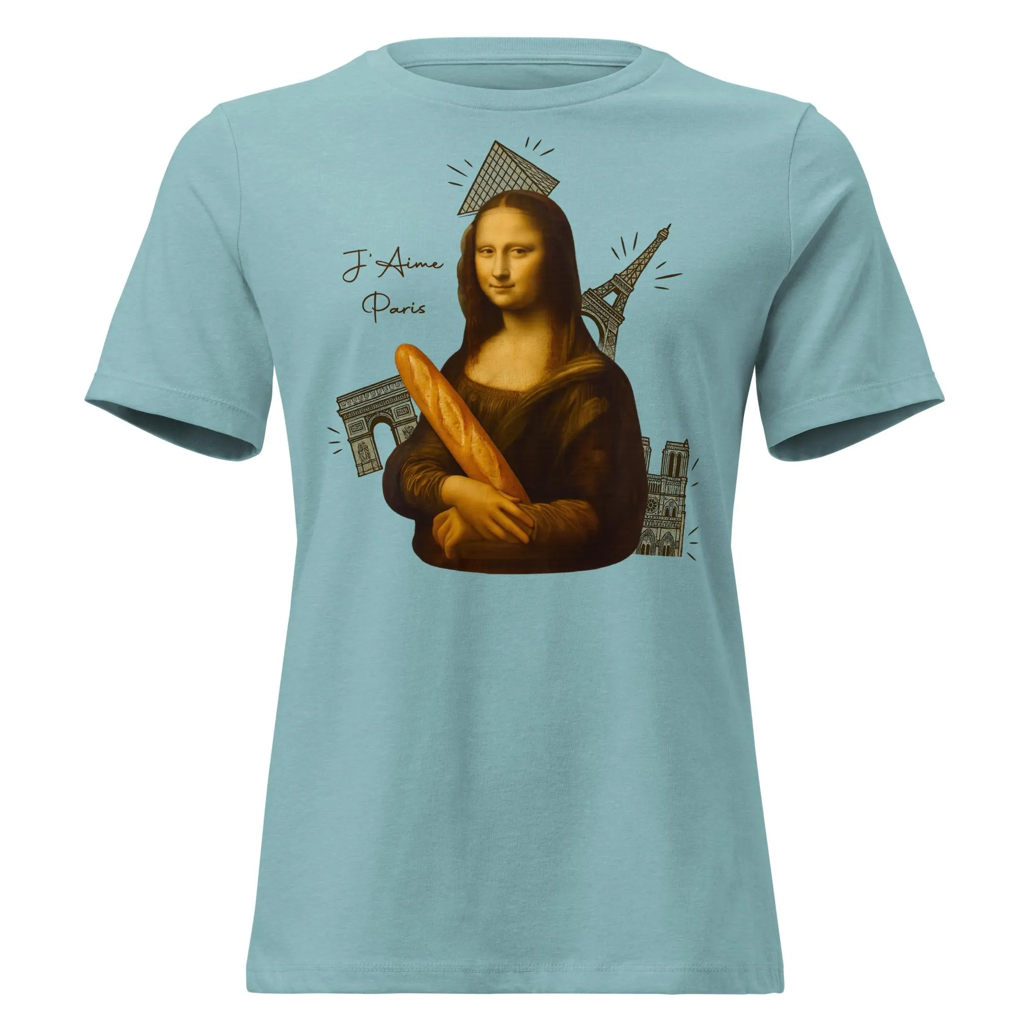 J’Aime Paris Mona Lisa Relaxed Fit T‑Shirt for Women – Funny I Love Paris French Travel Souvenir Tee – Eiffel Tower, Louvre Womens Shirt