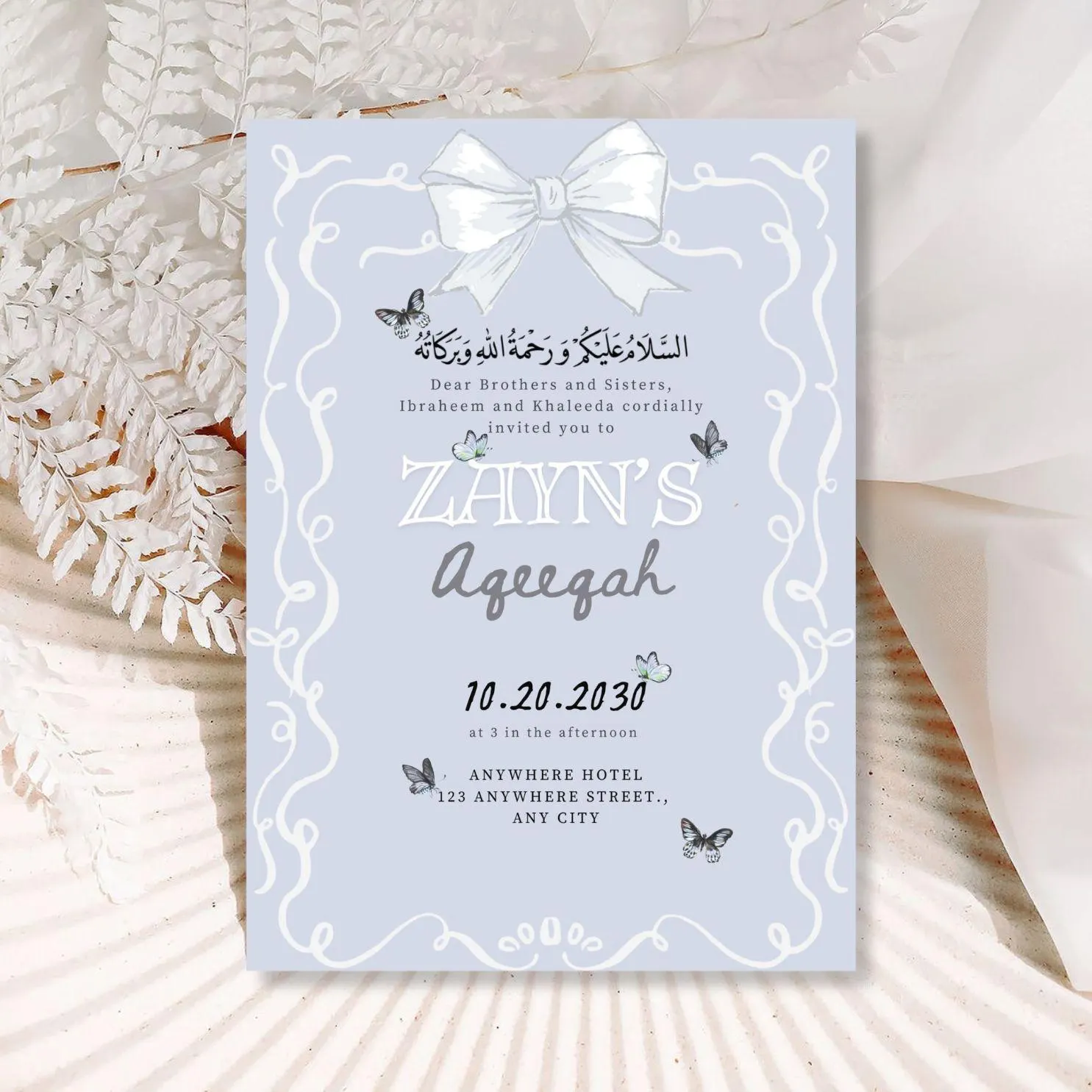 Baby Boy Aqeeqah Muslim birth announcement Invitation Template-Baby Blue with Butterfly elements - image 4