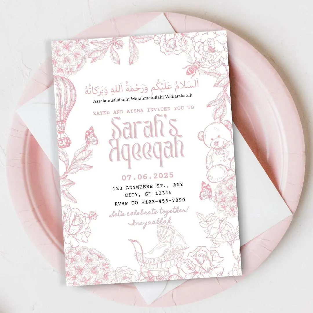Pink Line Art Aqeeqah Invitation Template | Baby Girl (Canva)