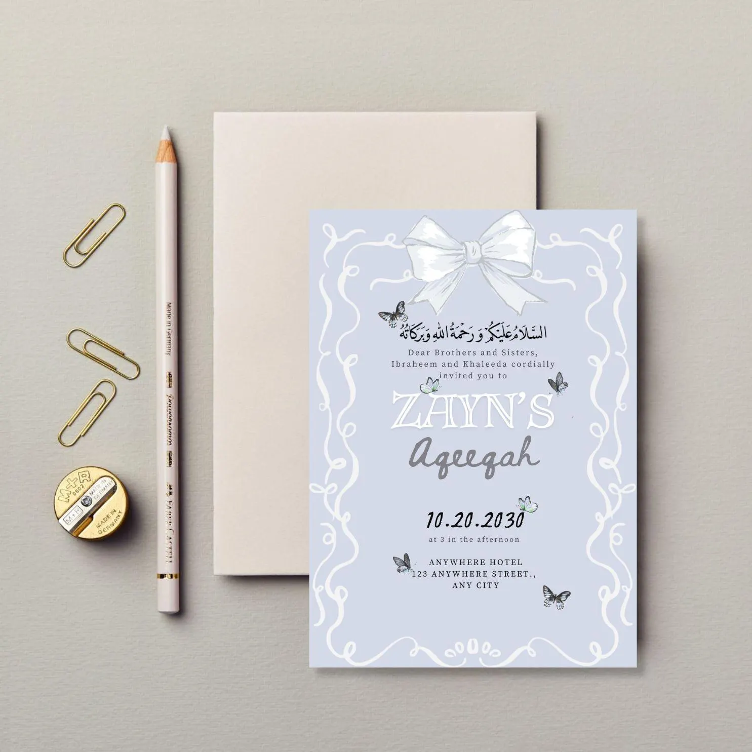 Baby Boy Aqeeqah Muslim birth announcement Invitation Template-Baby Blue with Butterfly elements - image 3