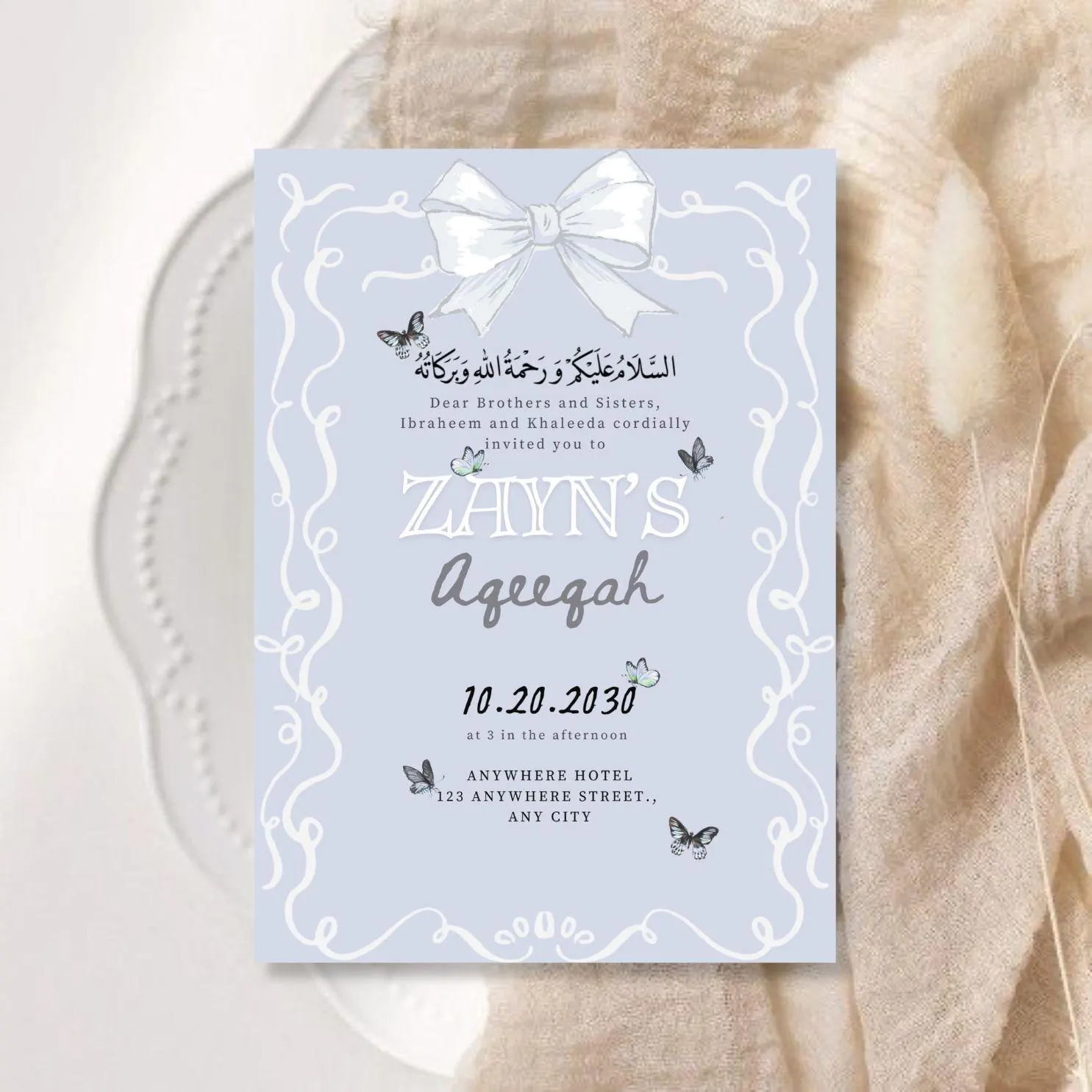 Baby Boy Aqeeqah Muslim birth announcement Invitation Template-Baby Blue with Butterfly elements - image 2