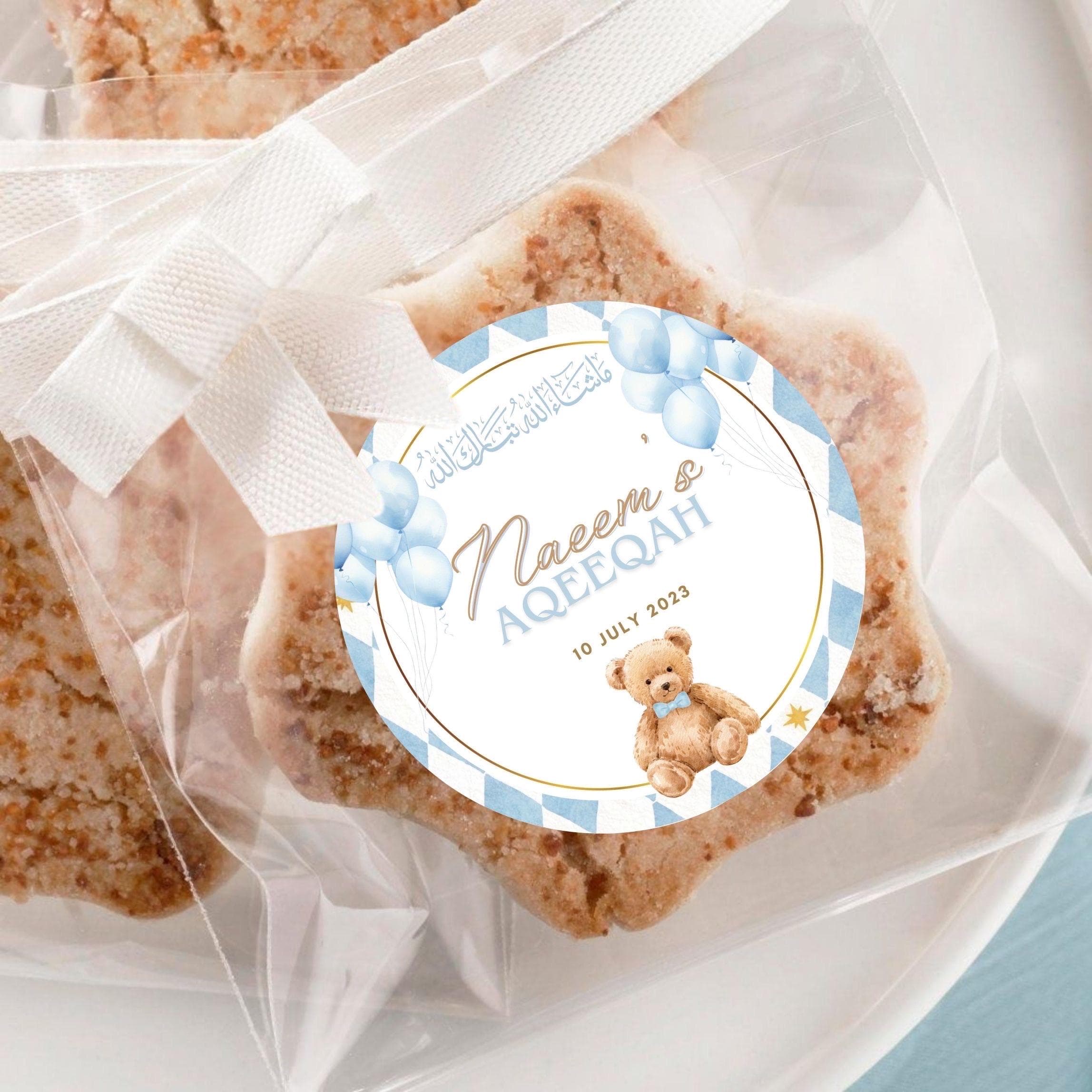 Baby Boy Aqiqah Favour Stickers | Teddy Bear Blue Theme | CANVA Template