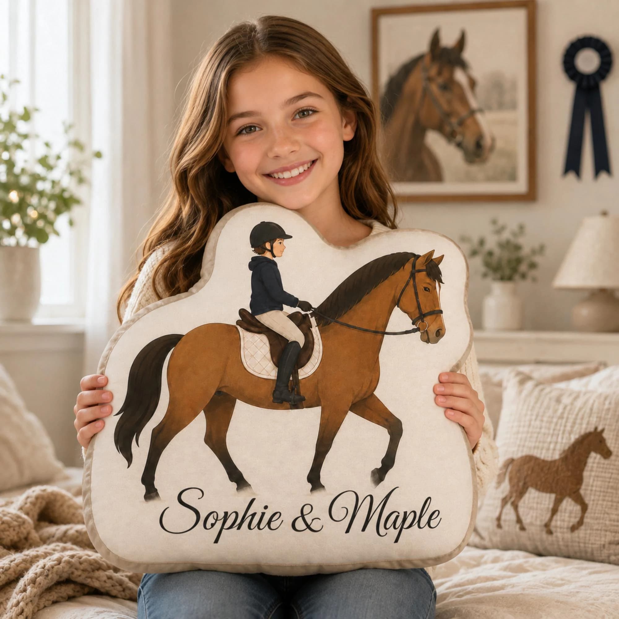 Personalized Equestrian Pillow Custom Rider Horse Names Keepsake Kids Bedroom Decor Riding Gift
