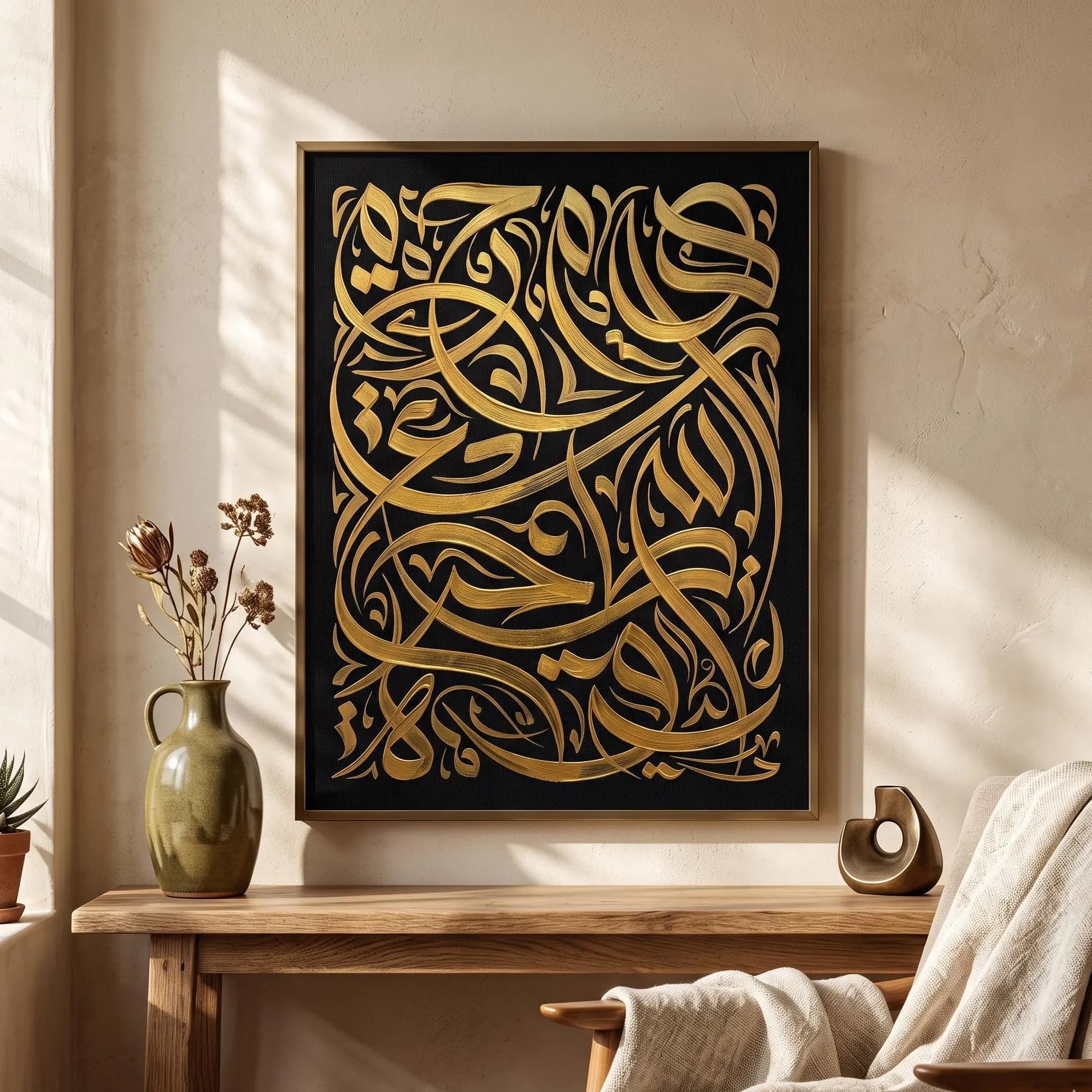 Abstract Arabic Calligraphy Wall Art, Black Gold Hurufiyya Print, Luxury Islamic Poster